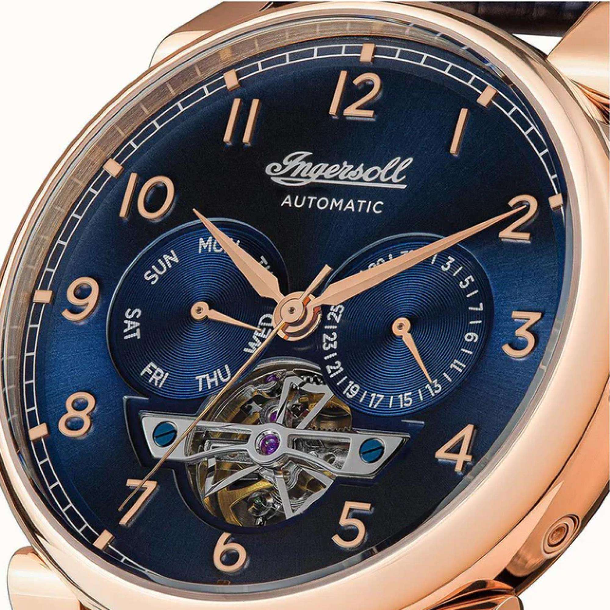Ingersoll The Swing 1892 Herren Automatik Uhr Blaues Zifferblatt Blaues Lederarmband I12702