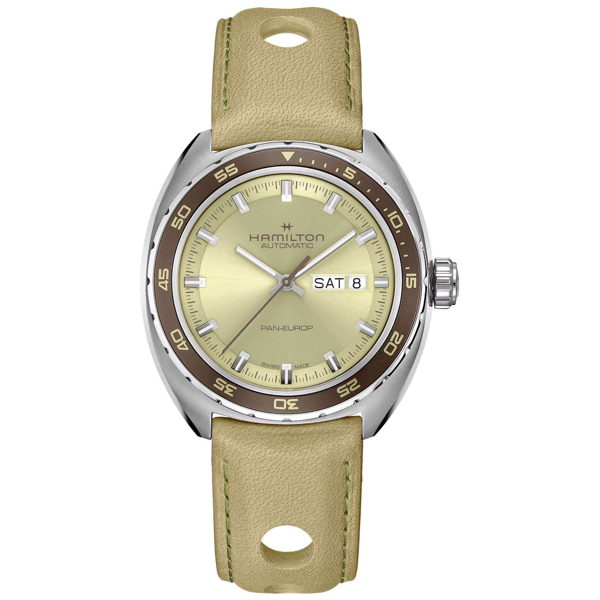 Hamilton American Classic 42mm Pan Europ Tag-Datum Grünes Zifferblatt Leder Herren Automatik Uhr H35445860