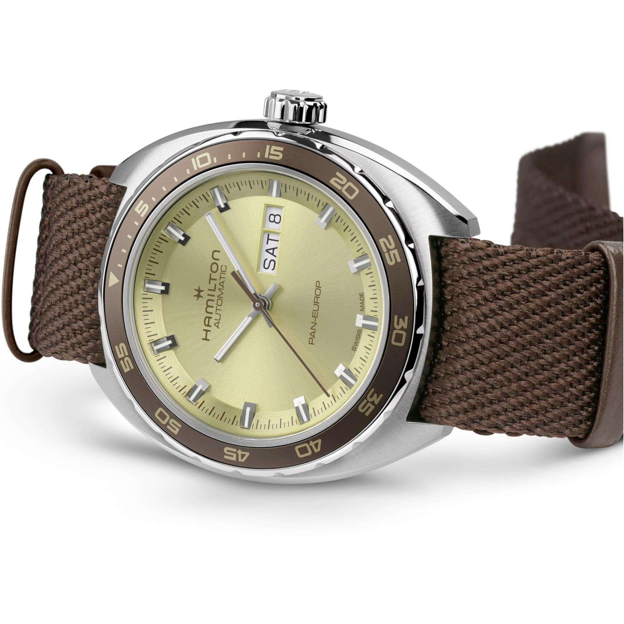 Hamilton American Classic 42mm Pan Europ Tag-Datum Grünes Zifferblatt Leder Herren Automatik Uhr H35445860