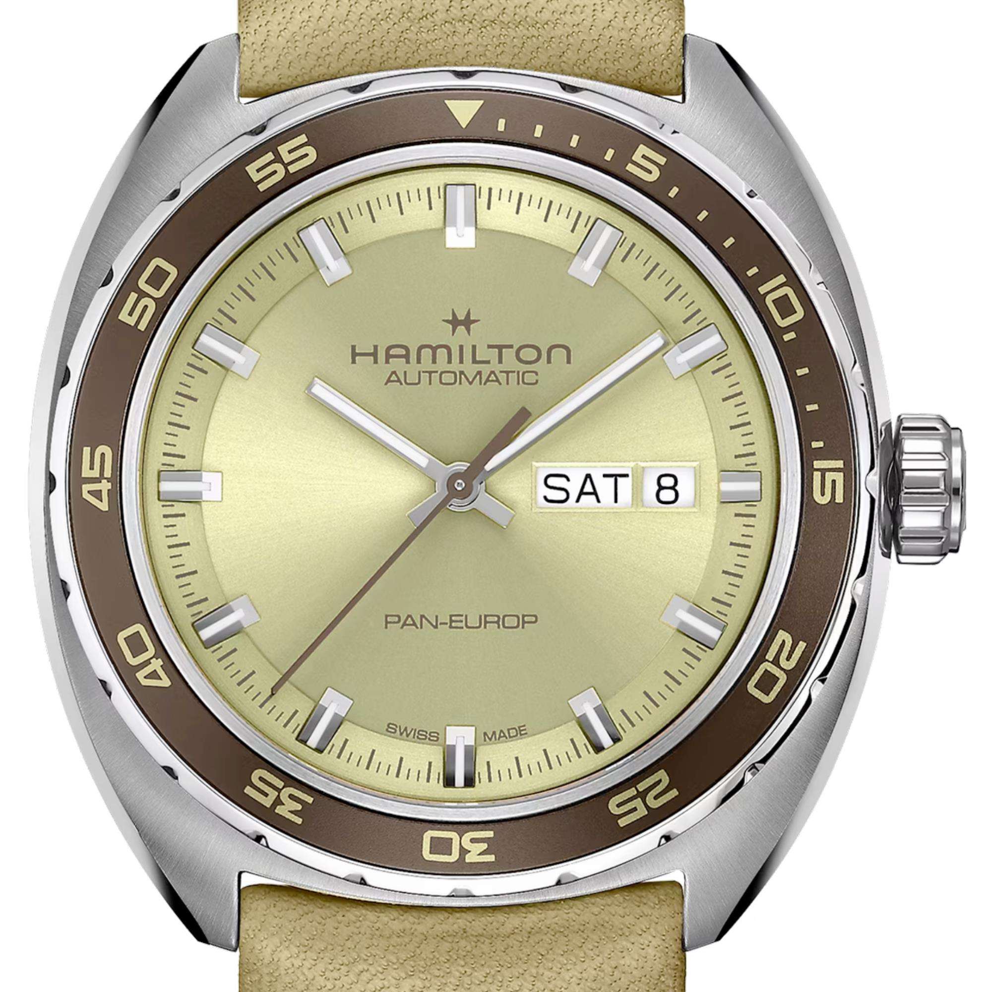 Hamilton American Classic 42mm Pan Europ Tag-Datum Grünes Zifferblatt Leder Herren Automatik Uhr H35445860