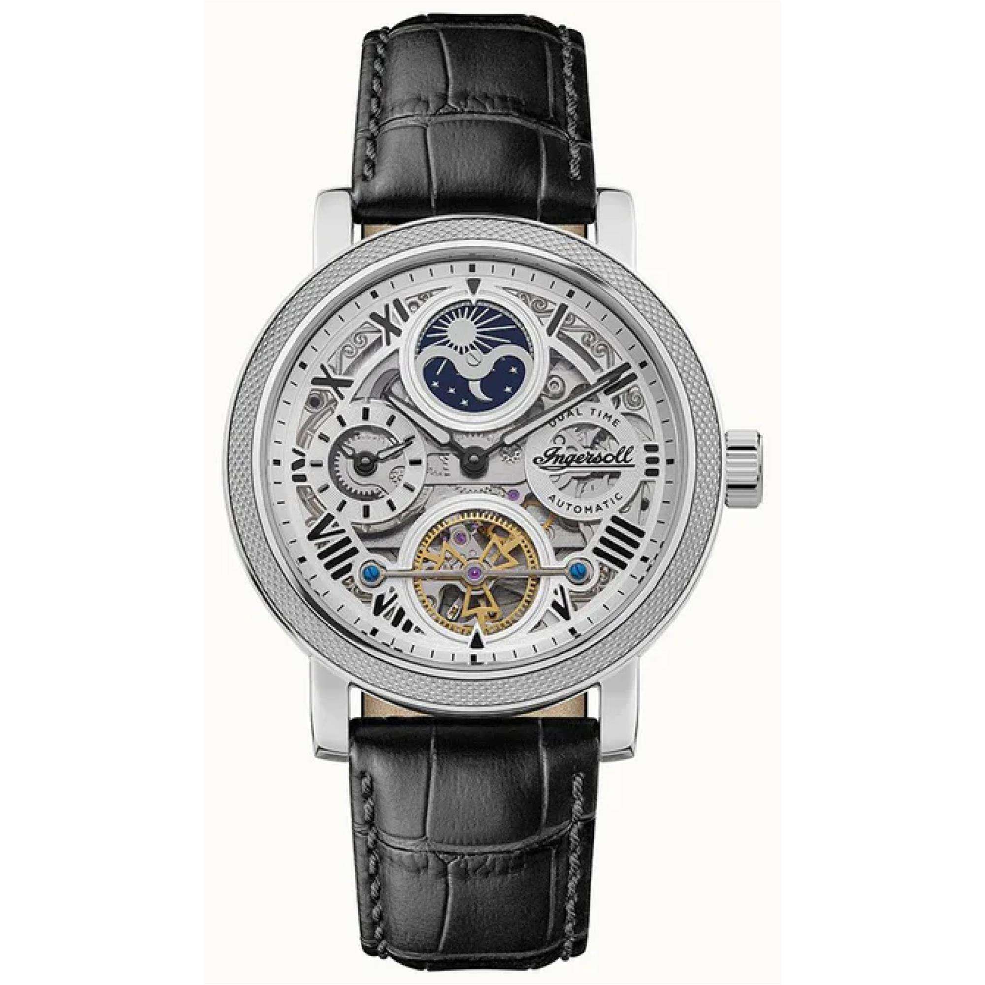 Ingersoll The Row 1892 Automatik Herren Uhr Silbernes Zifferblatt Schwarzes Lederarmband I12401