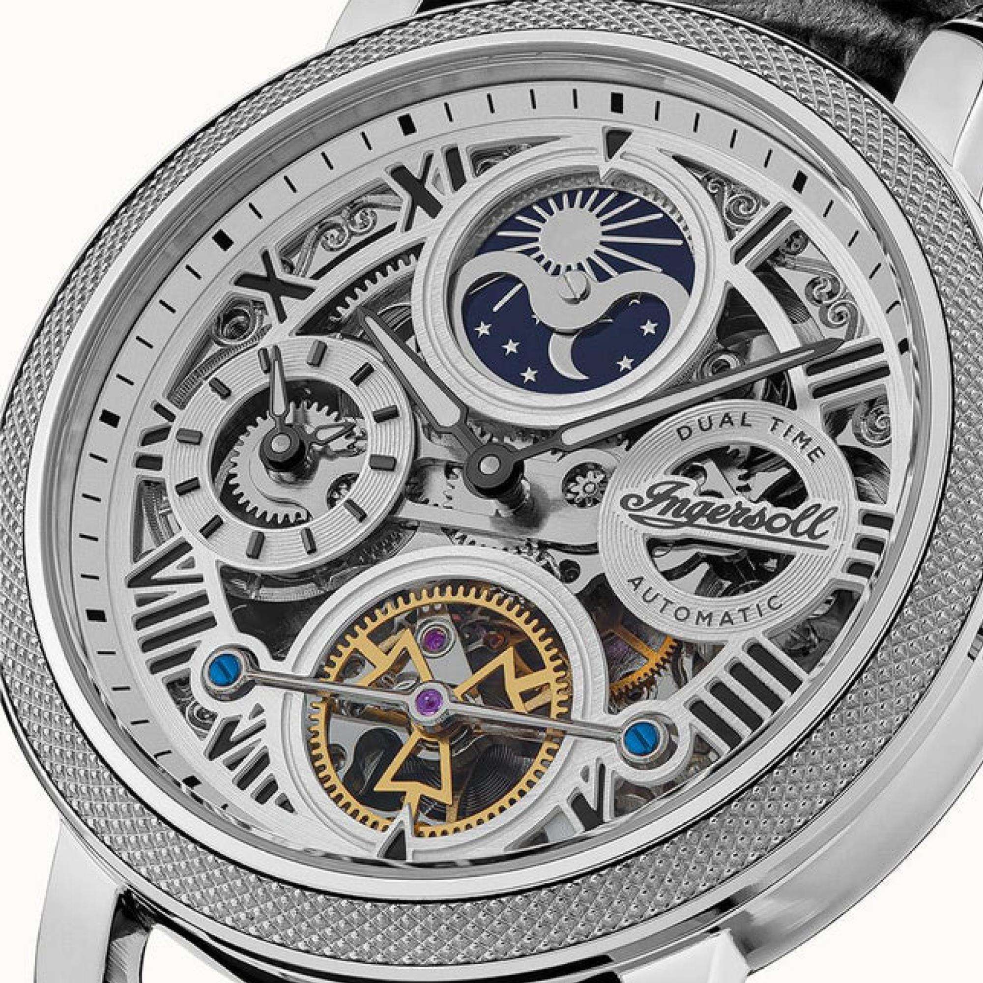 Ingersoll The Row 1892 Automatik Herren Uhr Silbernes Zifferblatt Schwarzes Lederarmband I12401