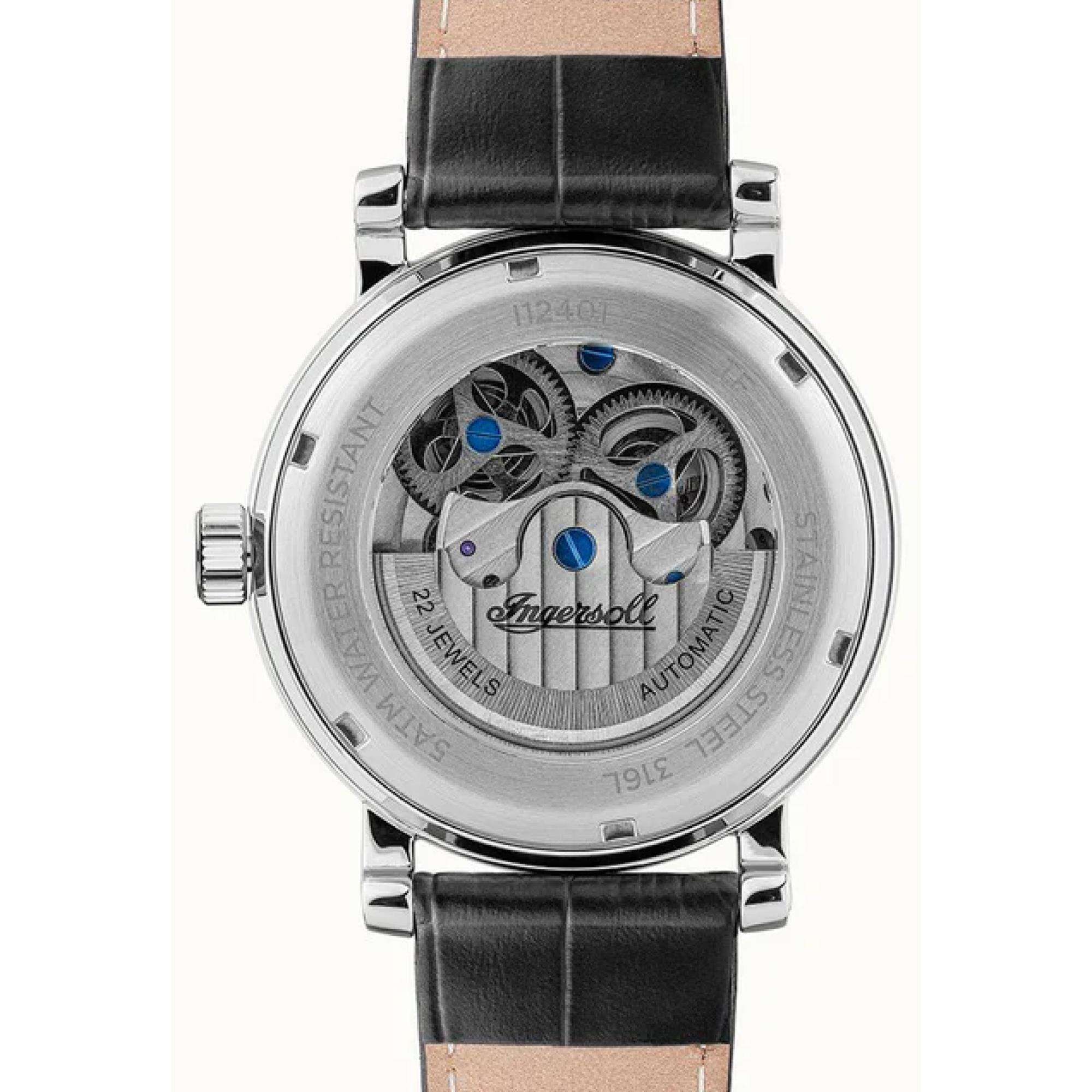 Ingersoll The Row 1892 Automatik Herren Uhr Silbernes Zifferblatt Schwarzes Lederarmband I12401