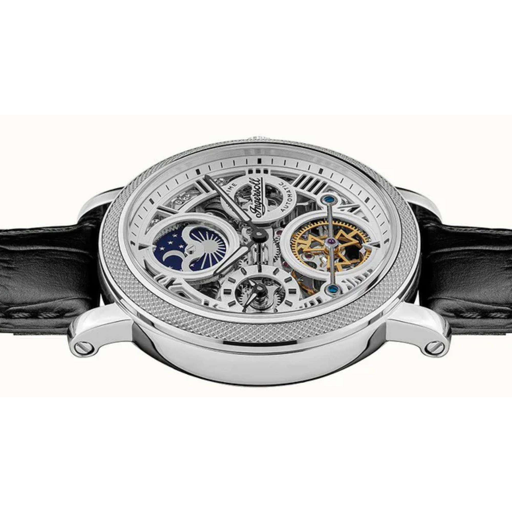 Ingersoll The Row 1892 Automatik Herren Uhr Silbernes Zifferblatt Schwarzes Lederarmband I12401