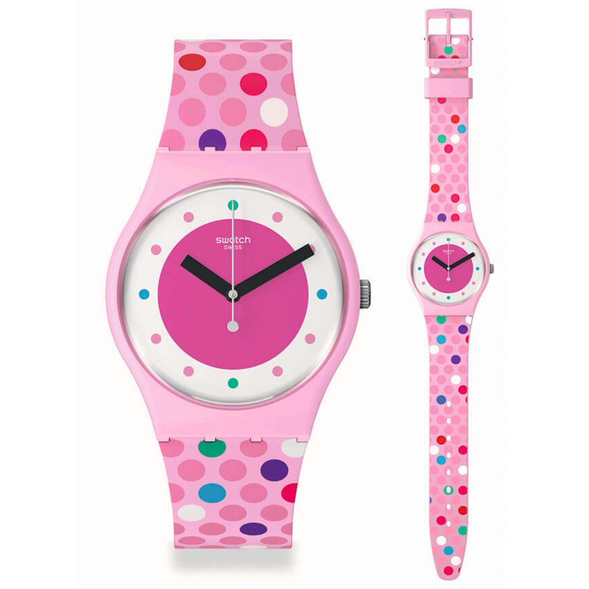 Swatch Blowing Bubbles Quarz Pinkes Zifferblatt Damen Uhr SO28P109