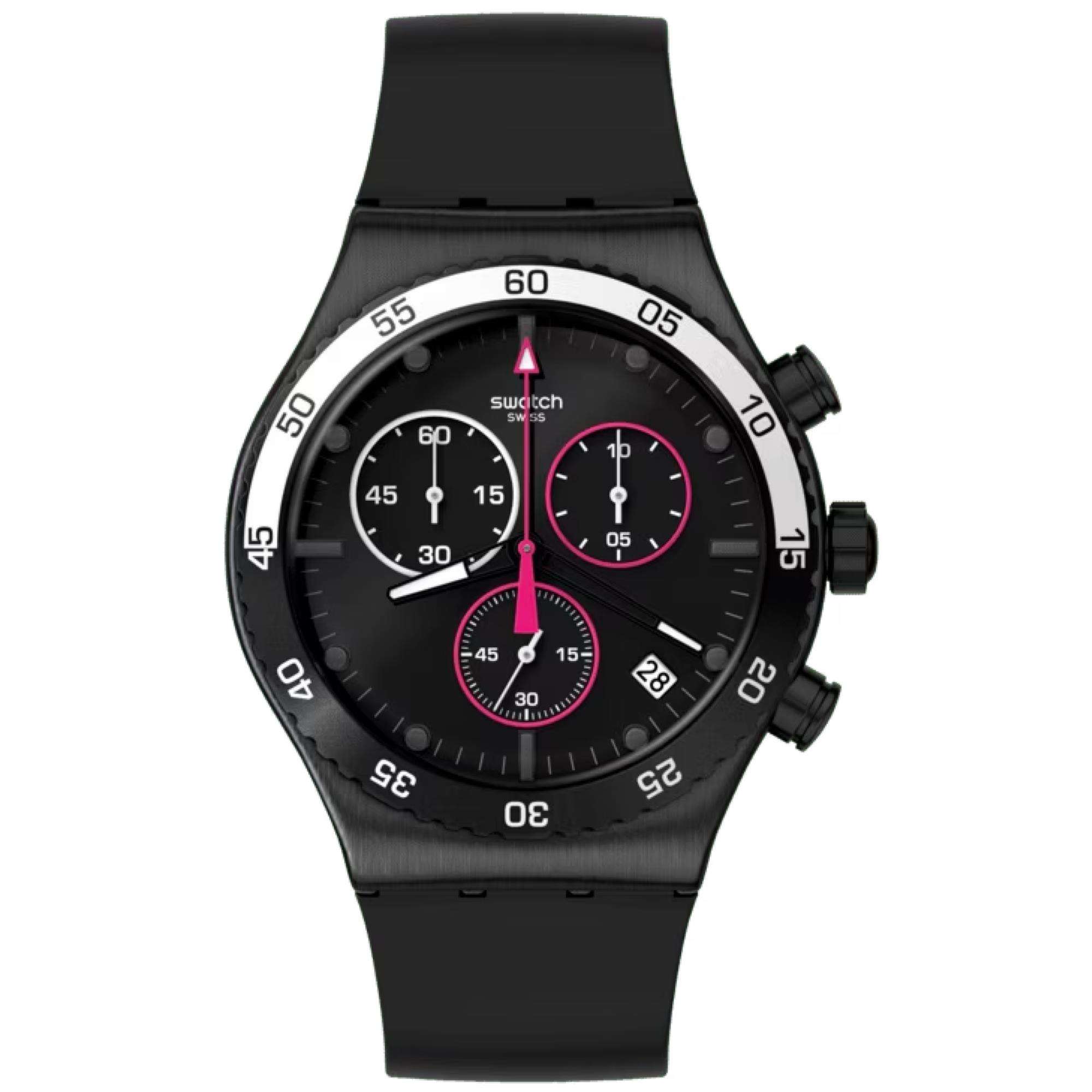 Swatch Magenta Bei Nacht Schwarzes Zifferblatt Quarz Chronograph Herren Uhr YVB413