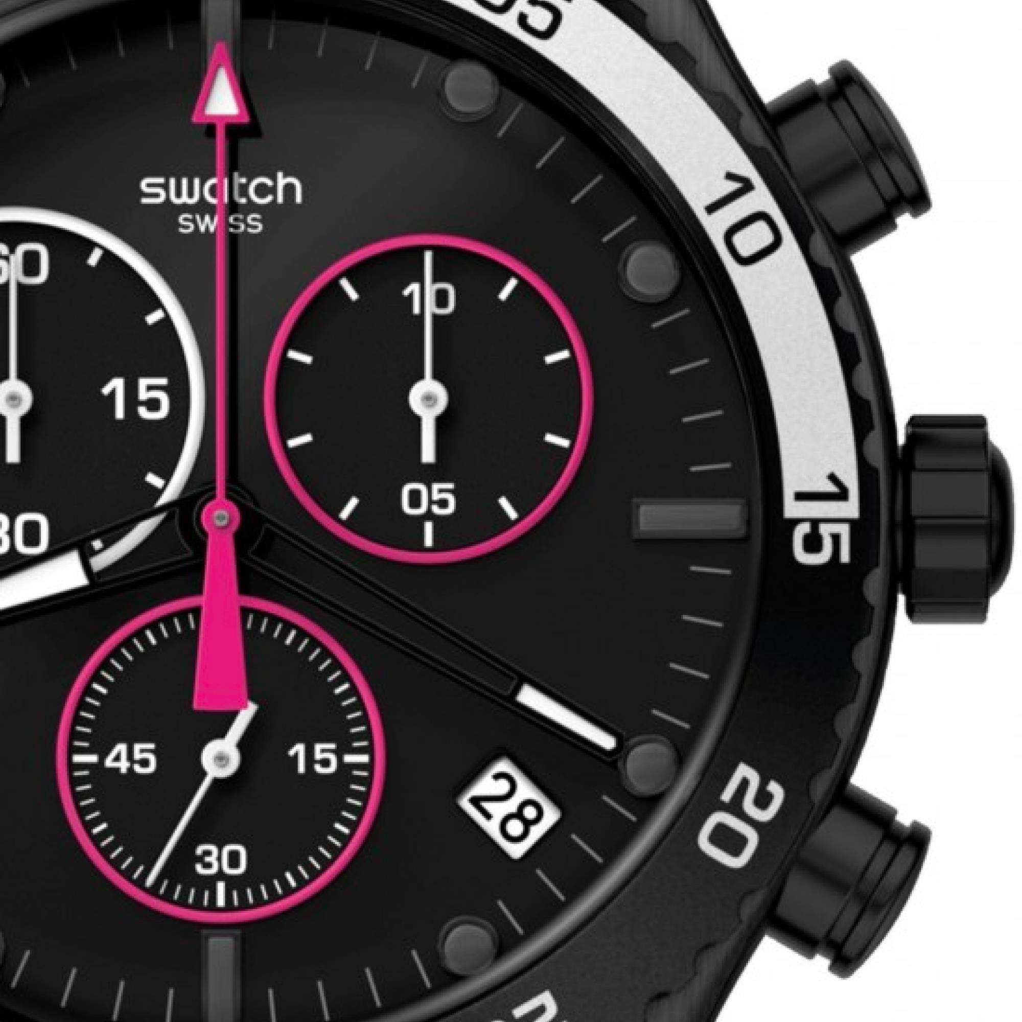 Swatch Magenta Bei Nacht Schwarzes Zifferblatt Quarz Chronograph Herren Uhr YVB413