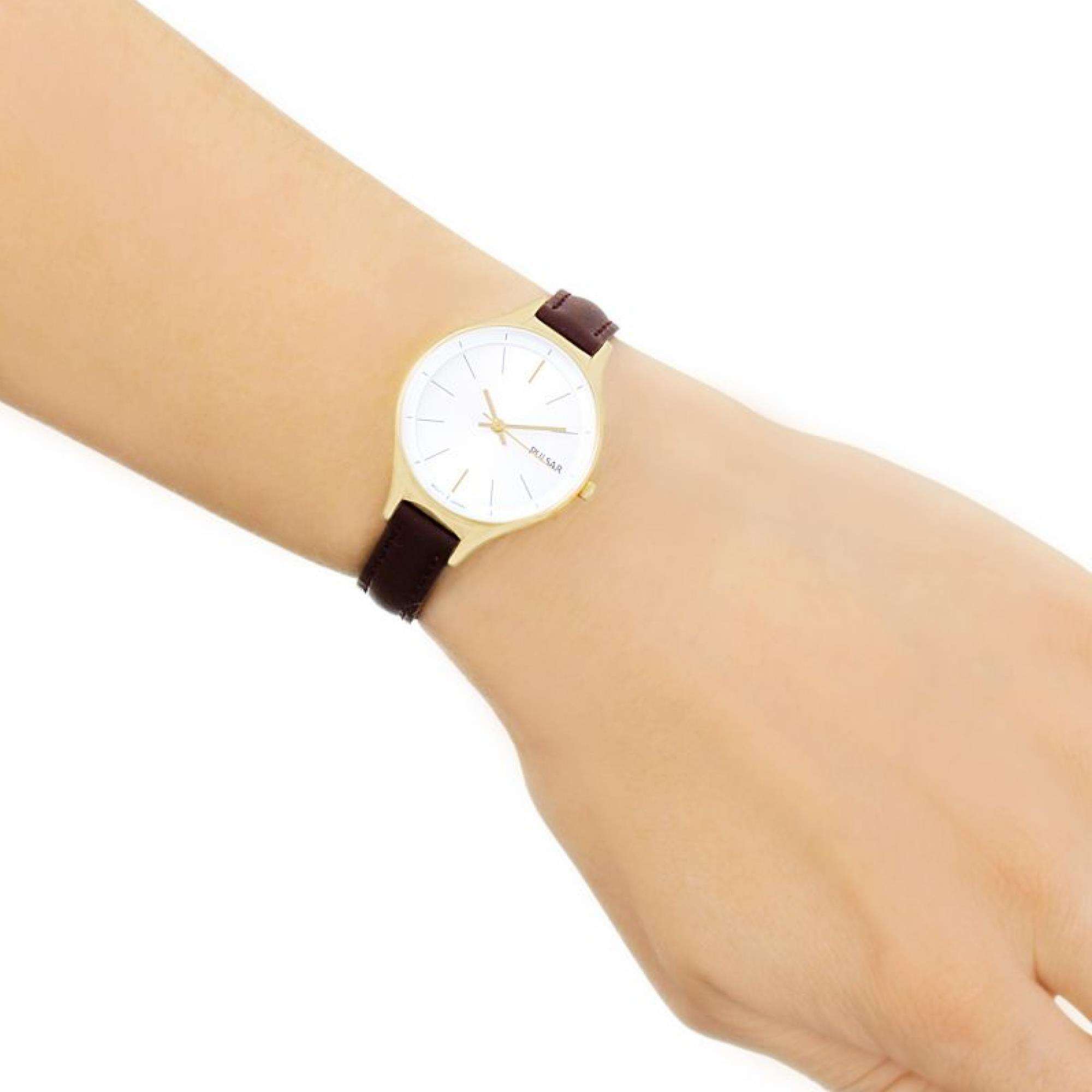 Pulsar Dress PVD Gold Plated Silver Dial Leather Strap Ladies Watch PH8280X1