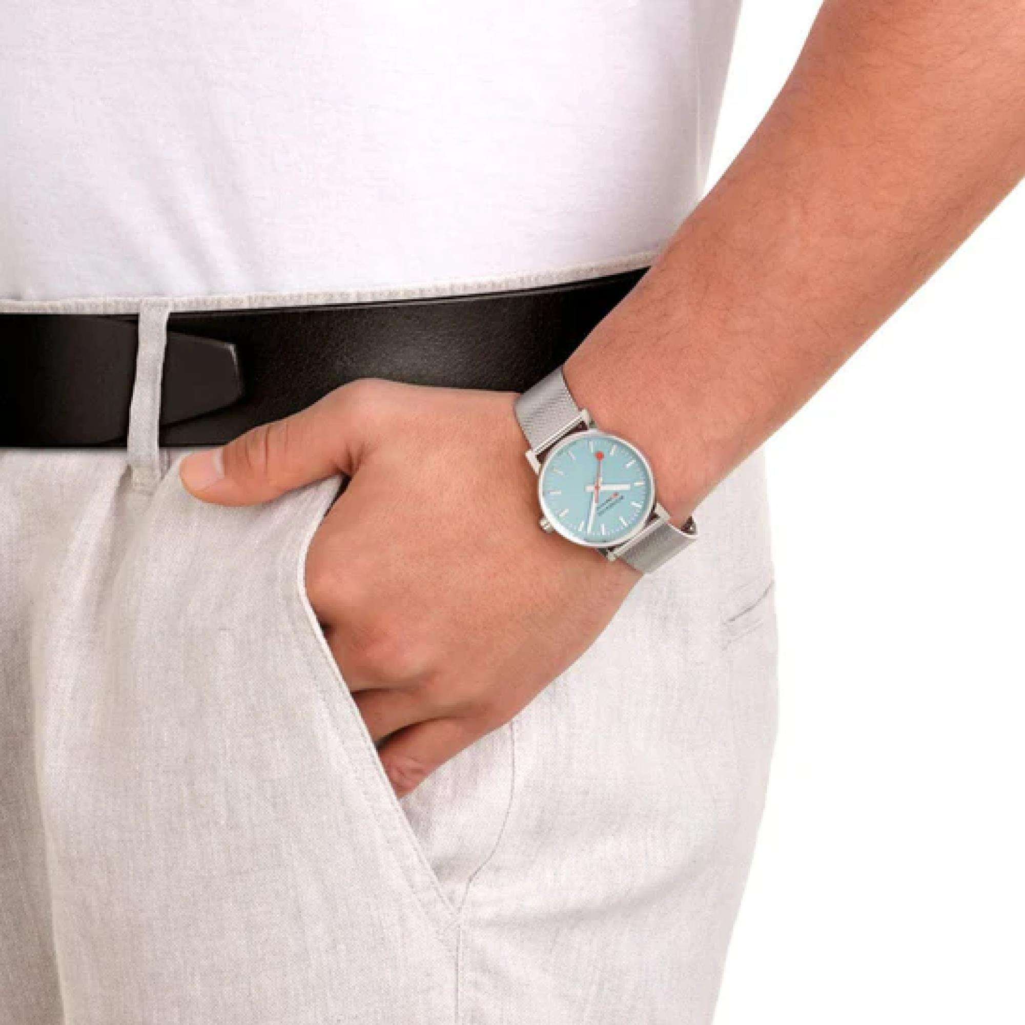 Mondaine Evo2 35mm Turquoise Dial Steel Quartz Watch MSE.35140.SM