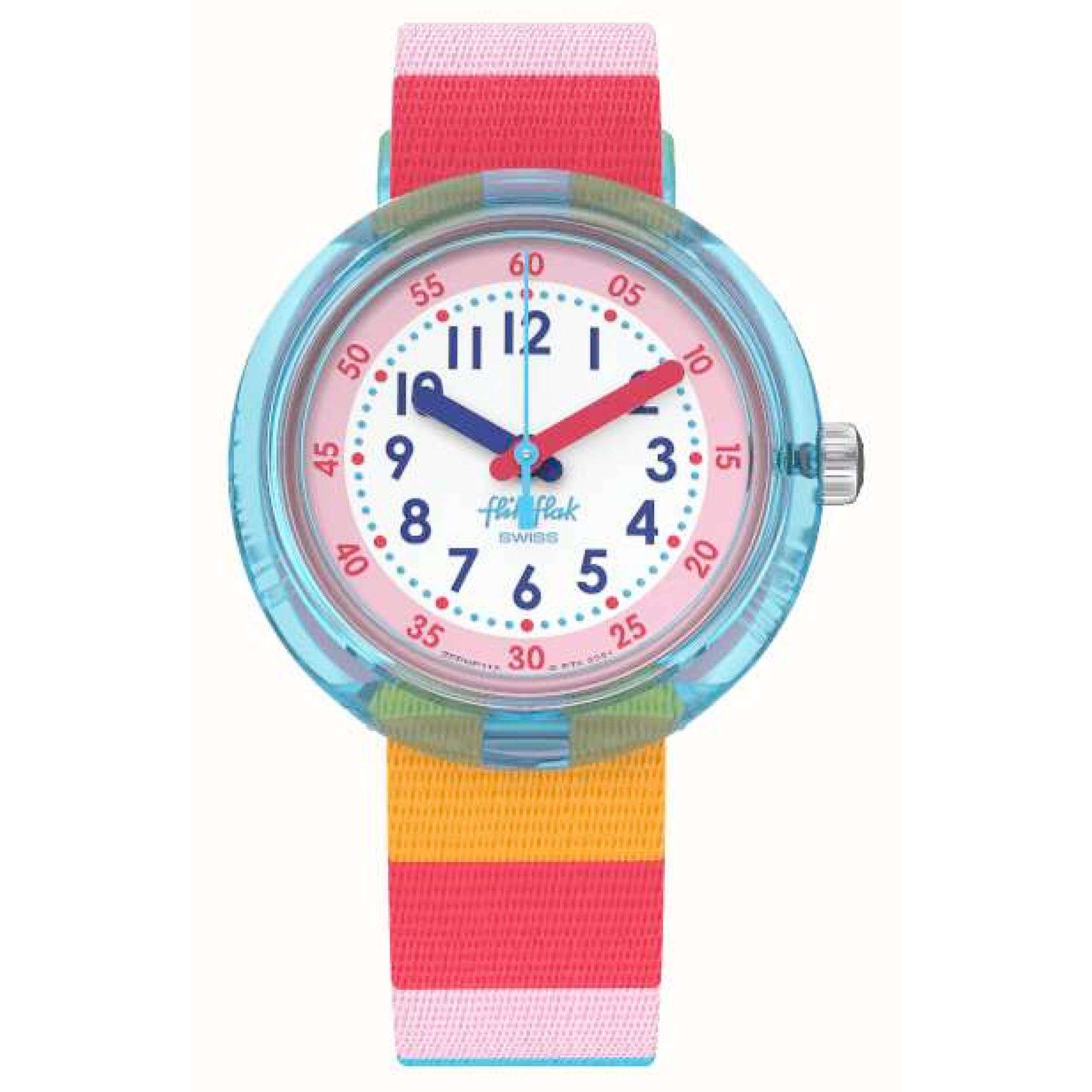 Flik Flak Stripy Pink Pink Weißes Zifferblatt / Regenbogen Kinder Uhr FPNP113