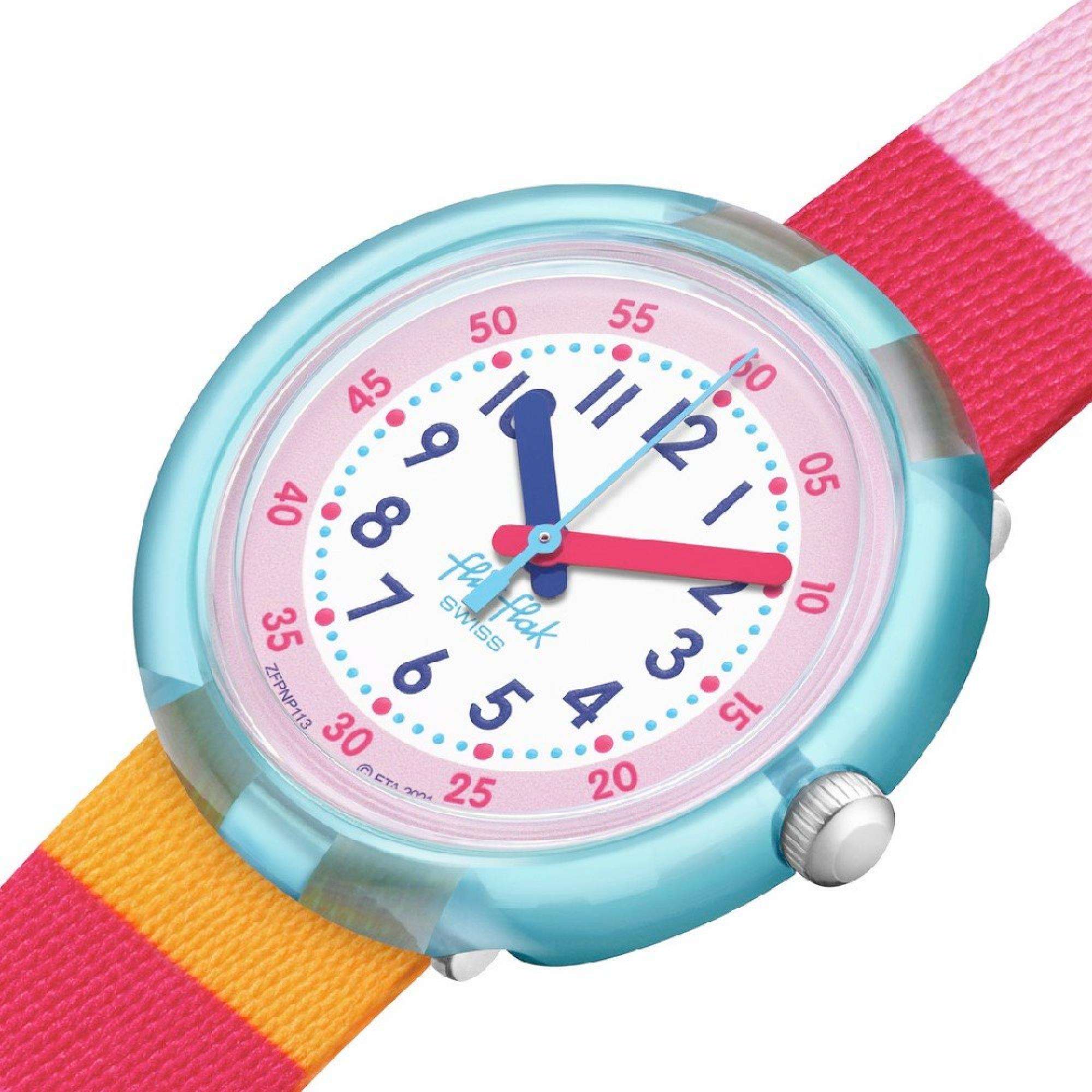 Flik Flak Stripy Pink Pink Weißes Zifferblatt / Regenbogen Kinder Uhr FPNP113