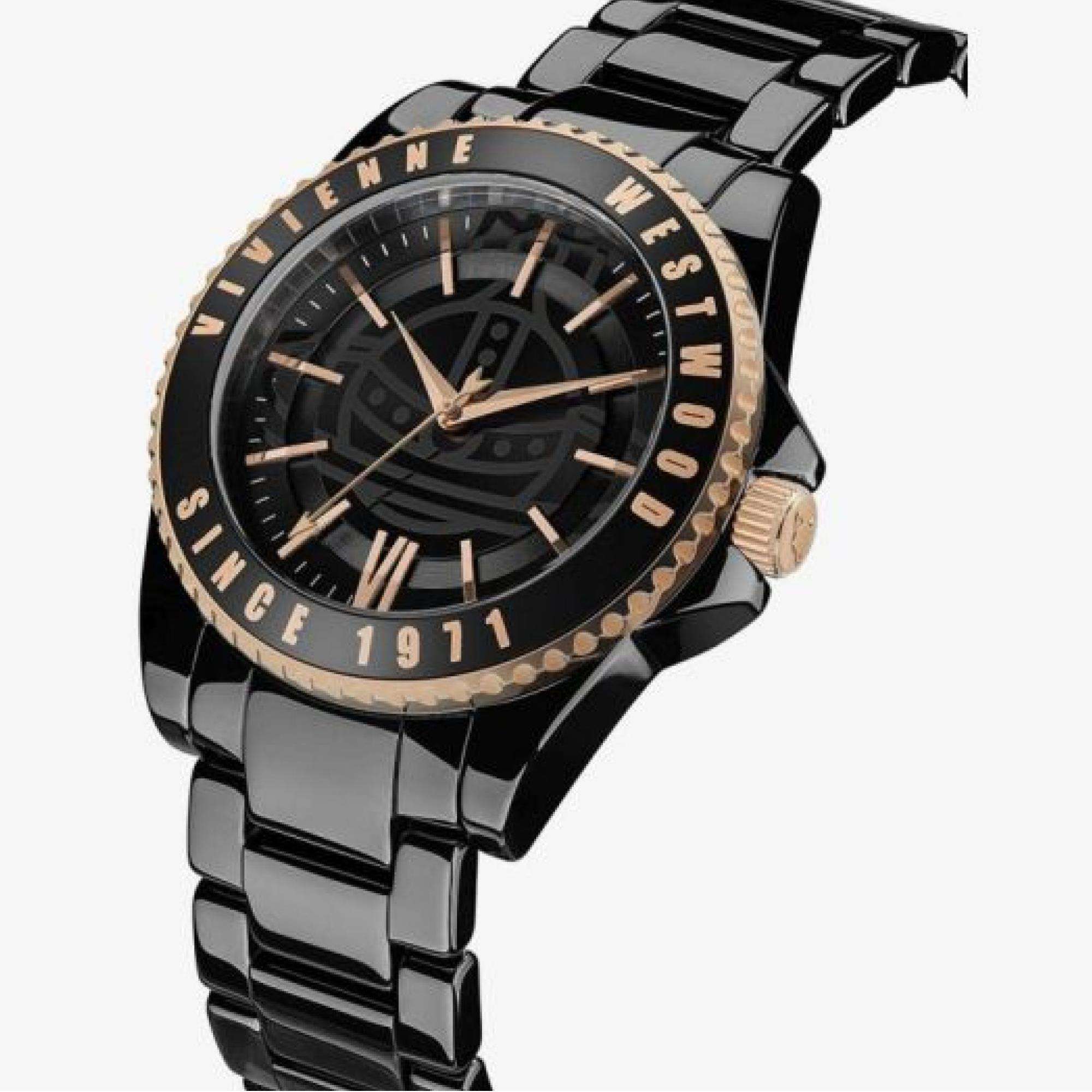 Vivienne Westwood Sloane Ladies Quartz Watch with Black Dial & Gloss Black Ceramic Bracelet VV048BKBK