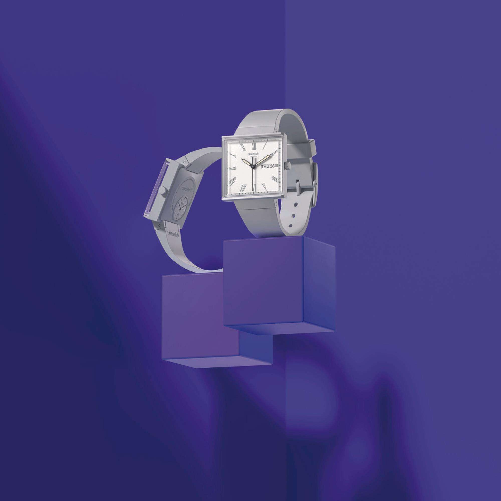 Swatch WAS WÄRE...GRAU? Quadratische Bioceramic Uhr mit weißem Zifferblatt und biobasiertem Armband SO34M700