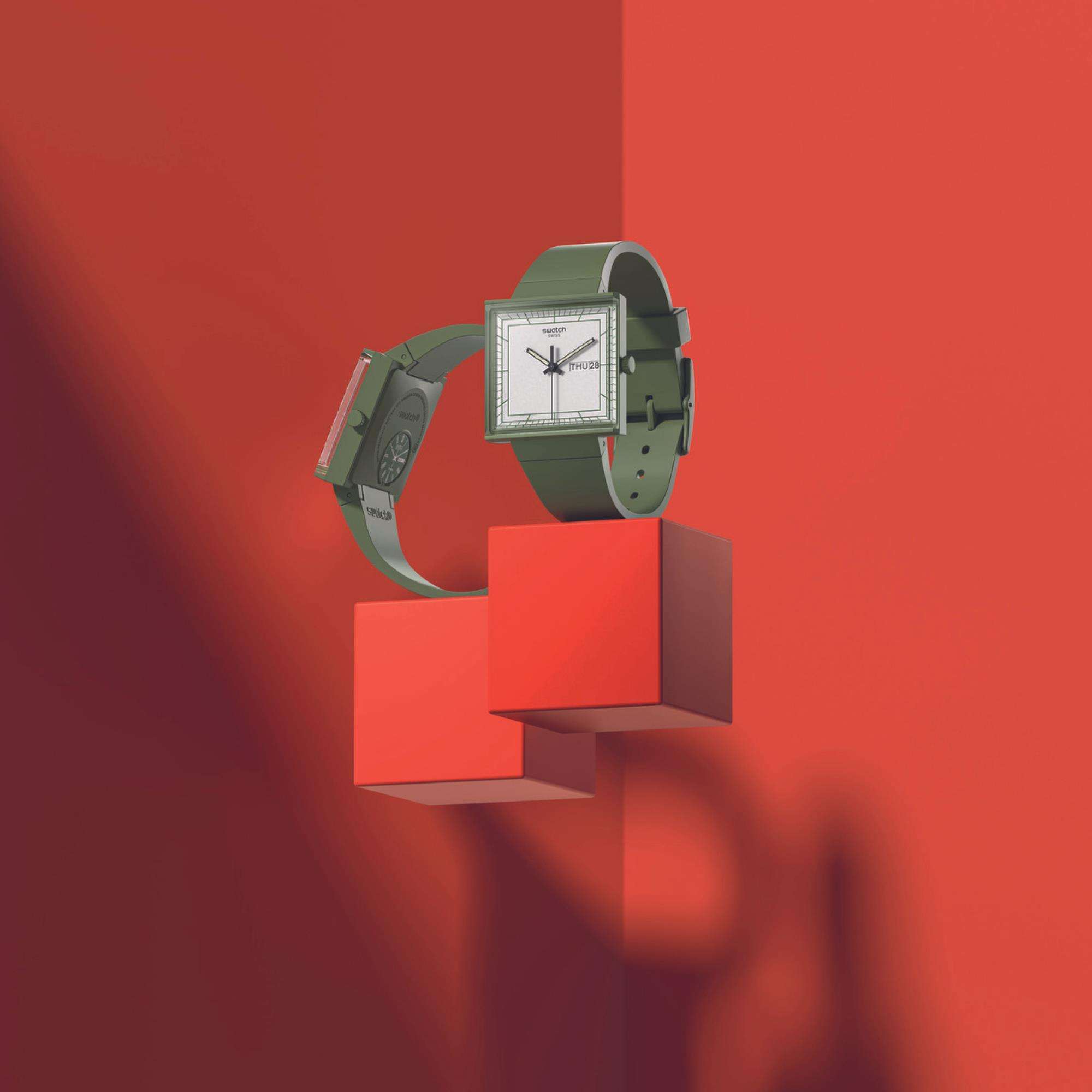 Swatch WHAT IF...GREEN? Square Bioceramic White Dial Watch SO34G700