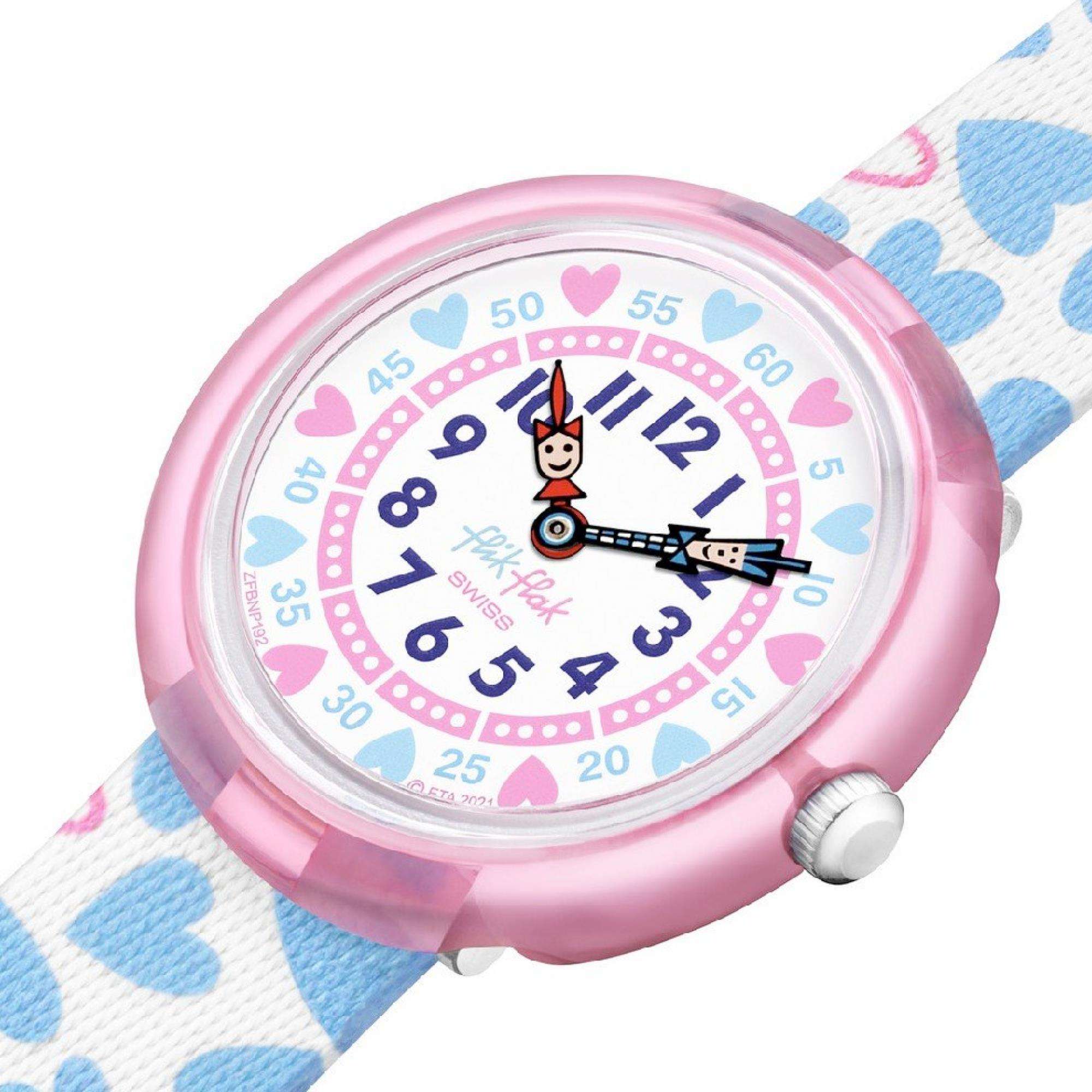 Flik Flak Colour Crush Kinderuhr mit weißem und blauem Stoffherzarmband FBNP192