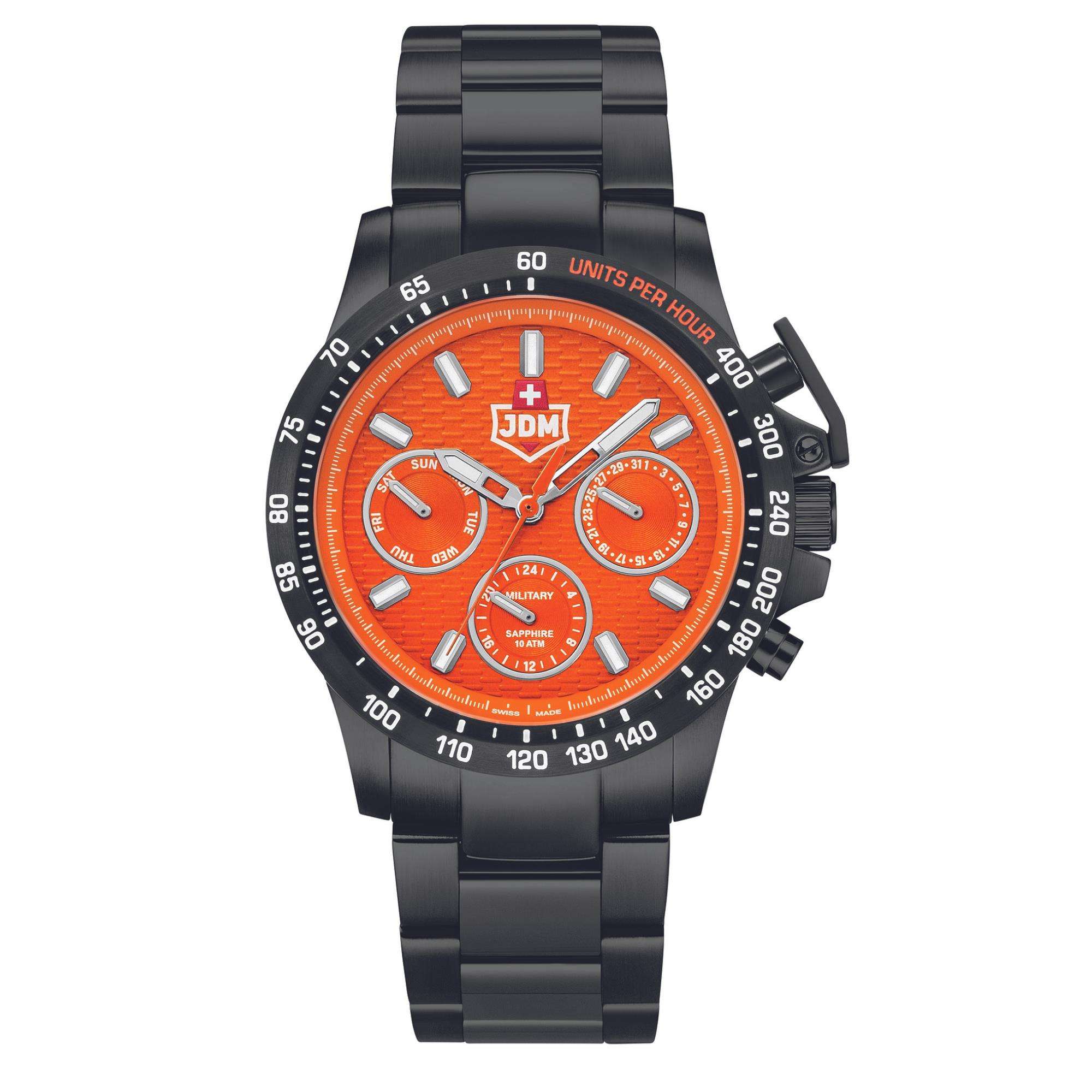 JDM Military Charlie Uhr mit orangefarbenem Zifferblatt und schwarzem IP Edelstahlarmband für Herren JDM-WG016-04
