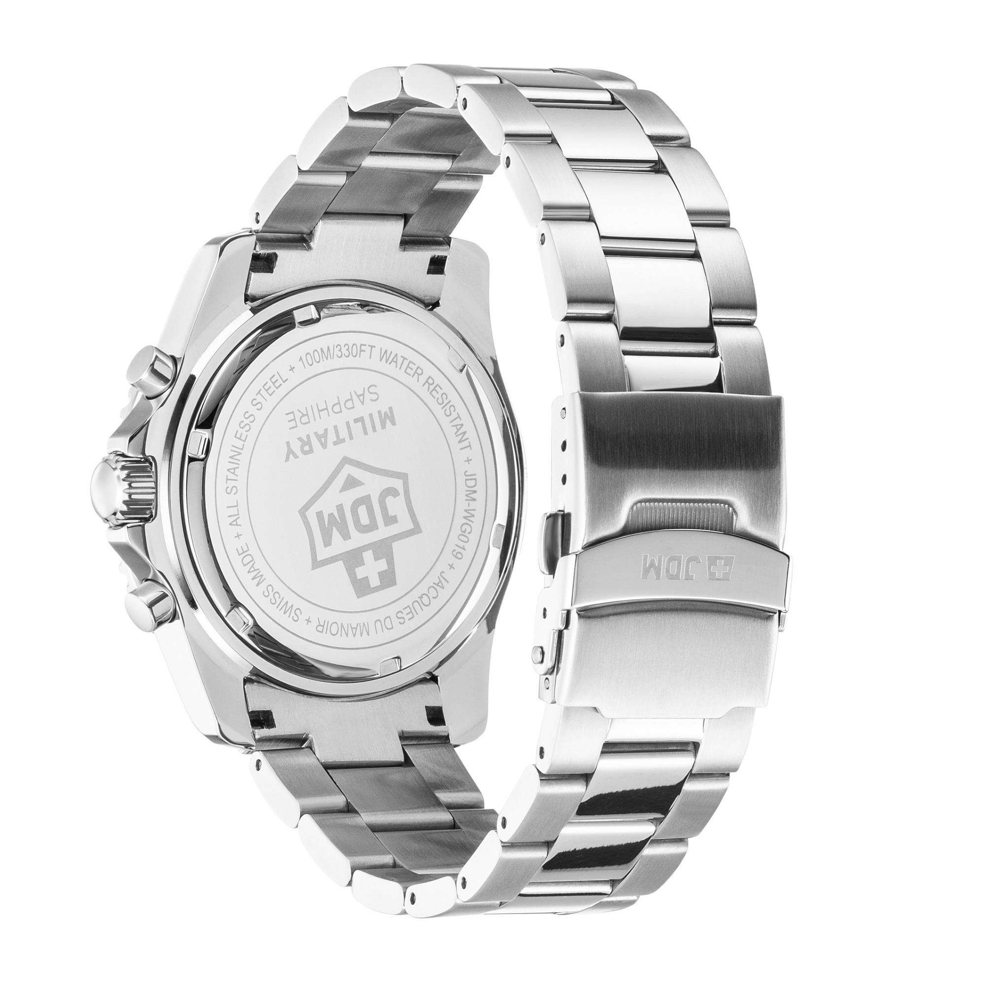 JDM Military Sierra Chrono Uhr mit schwarzem Zifferblatt und Edelstahlarmband für Herren JDM-WG019-01