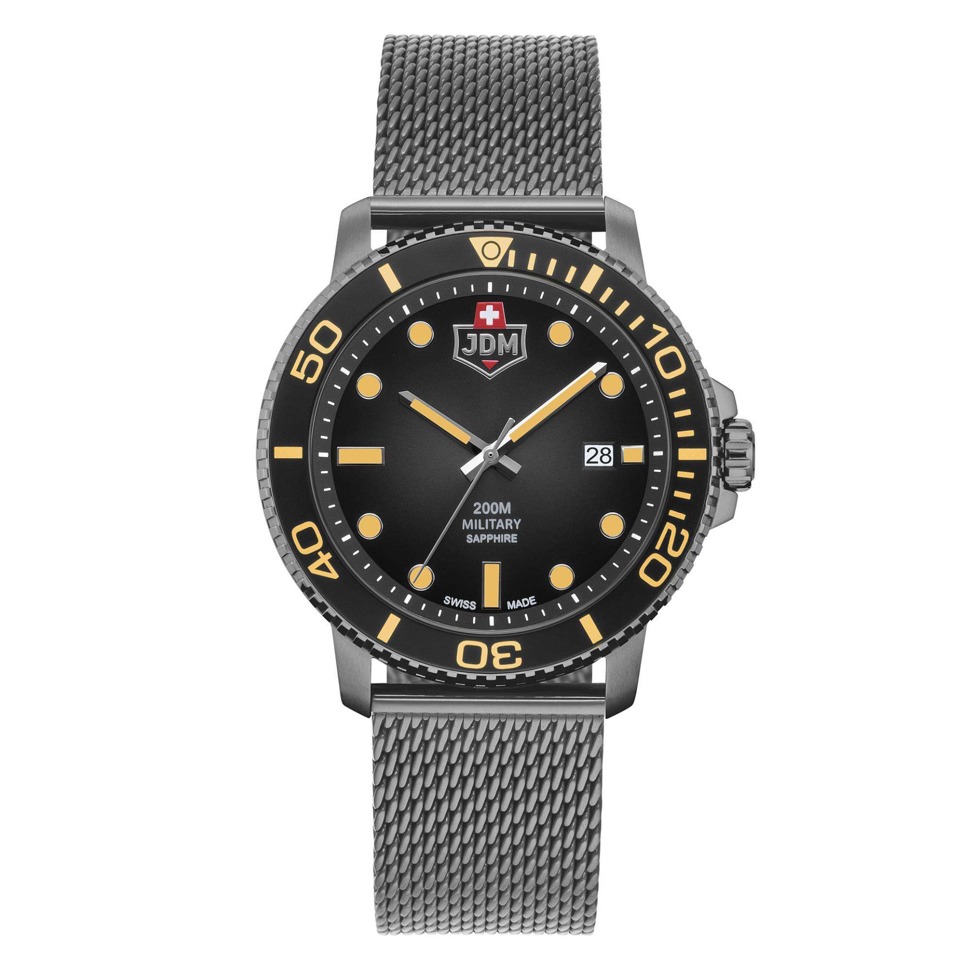 JDM Military Tango Uhr mit schwarzem Zifferblatt und Gun IP Edelstahl-Mesharmband für Herren JDM-WG008-06