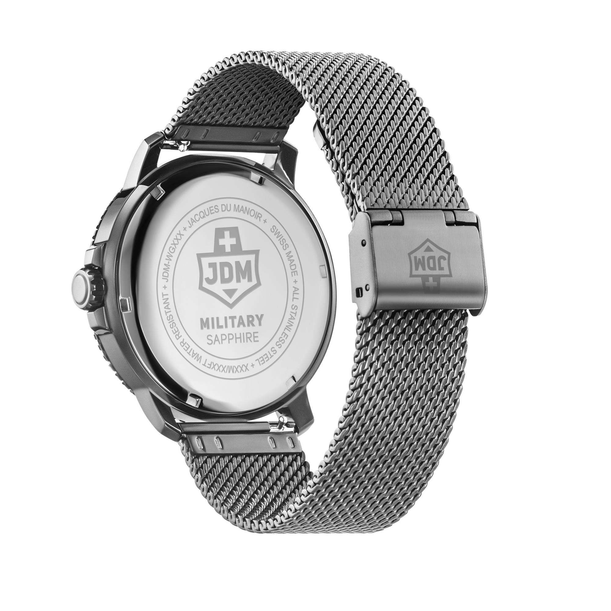 JDM Military Tango Uhr mit schwarzem Zifferblatt und Gun IP Edelstahl-Mesharmband für Herren JDM-WG008-06