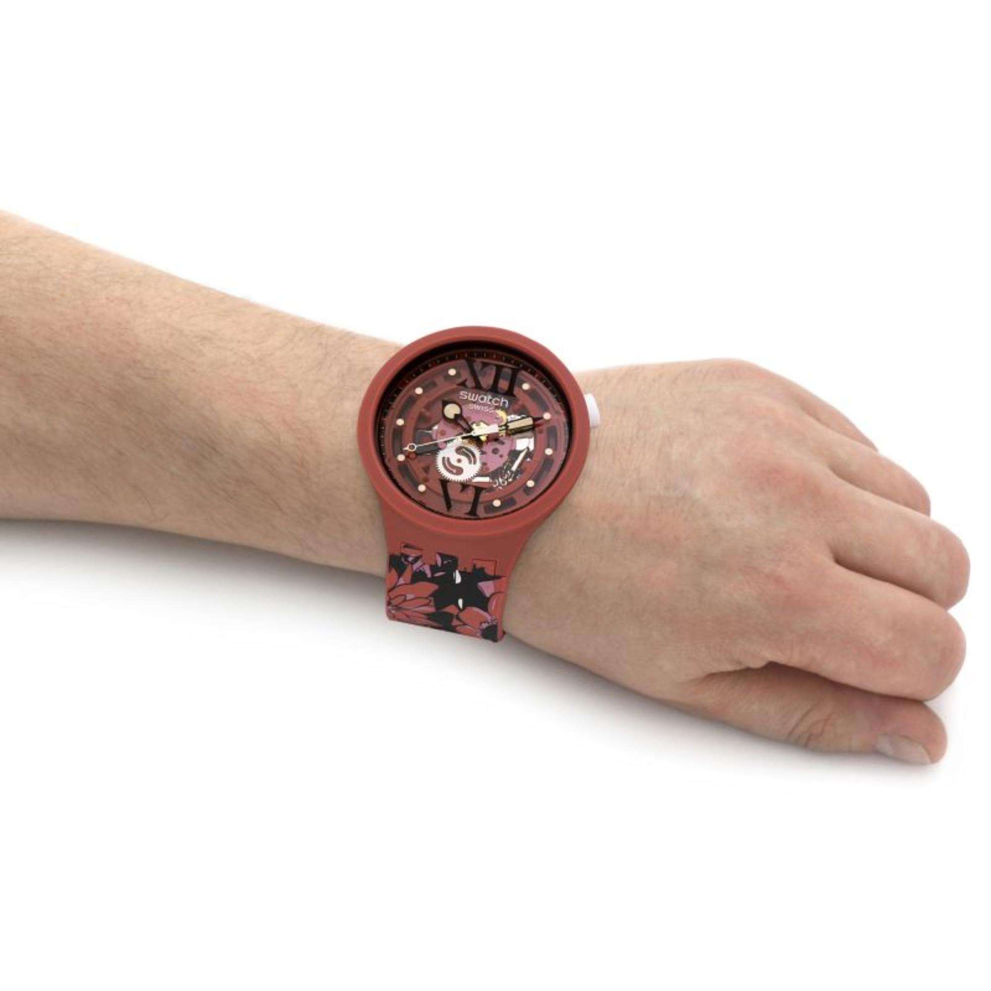 SWATCH CAMOFLOWER COTTON Big Bold Rotes Zifferblatt Uhr SB05C100