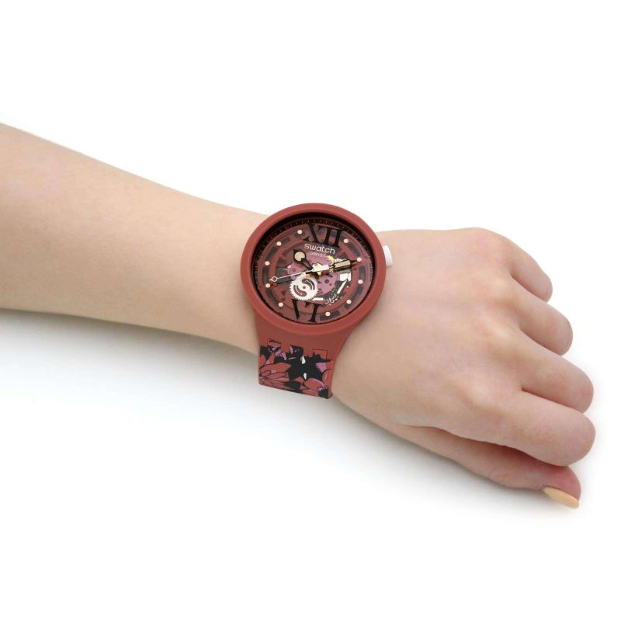 SWATCH CAMOFLOWER COTTON Big Bold Rotes Zifferblatt Uhr SB05C100