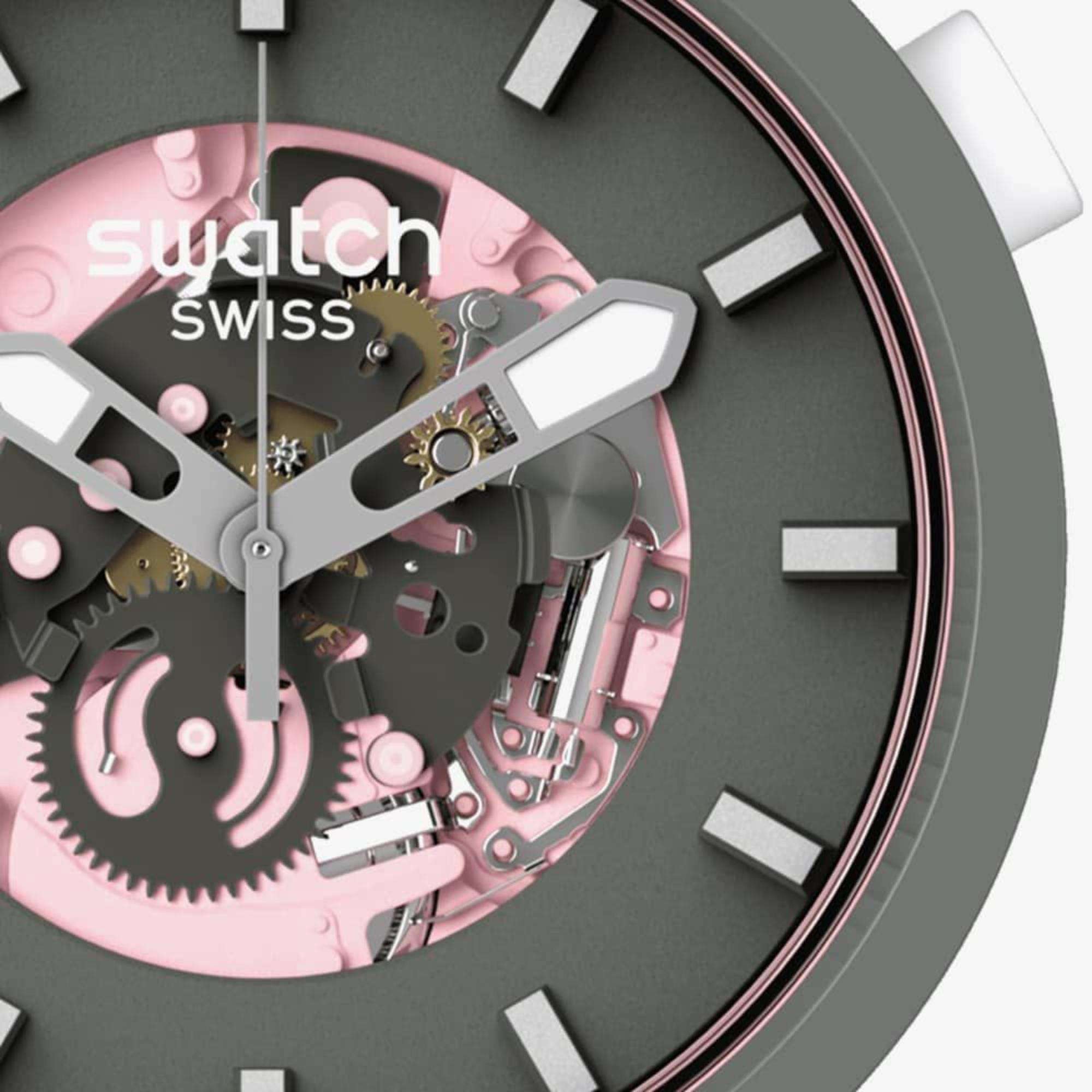 Swatch MISTY CLIFFS Big Bold Schwarz/Rosa Zifferblatt Damen Uhr SB05P100