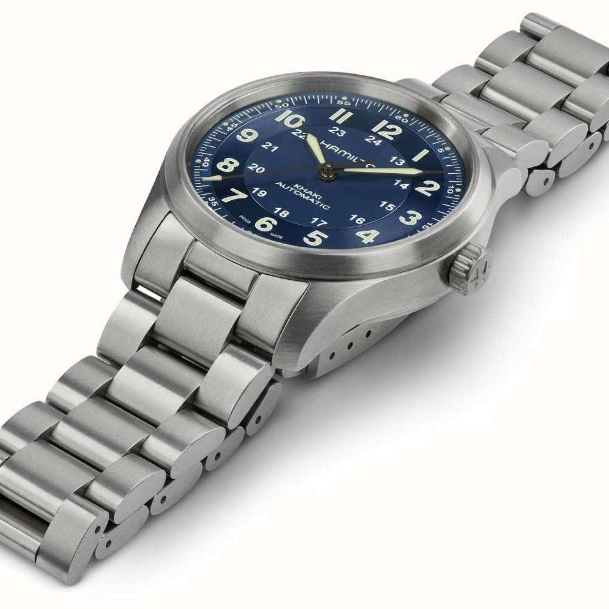 Hamilton Khaki Field H70205140 38mm Automatic watch with a blue dial and stainless steel bracelet