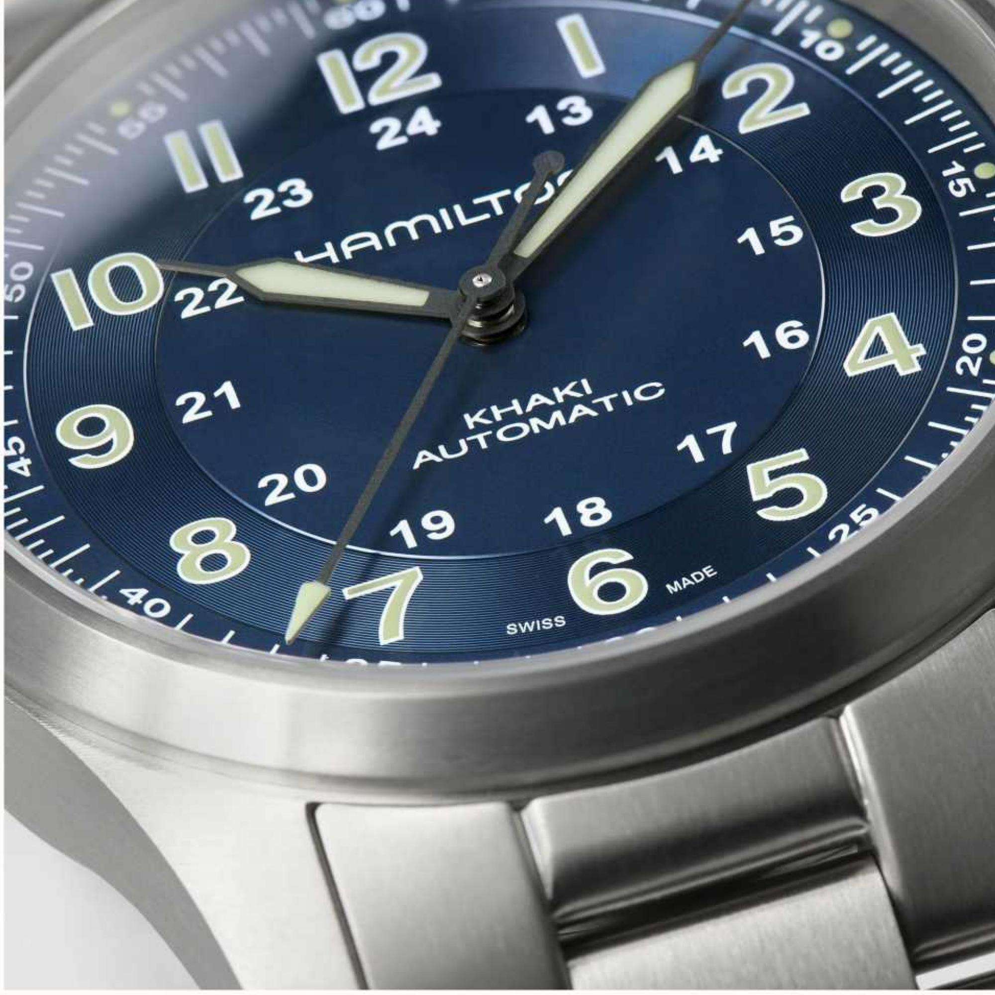 Hamilton H70205140 blue dial with luminous sword hands close-up