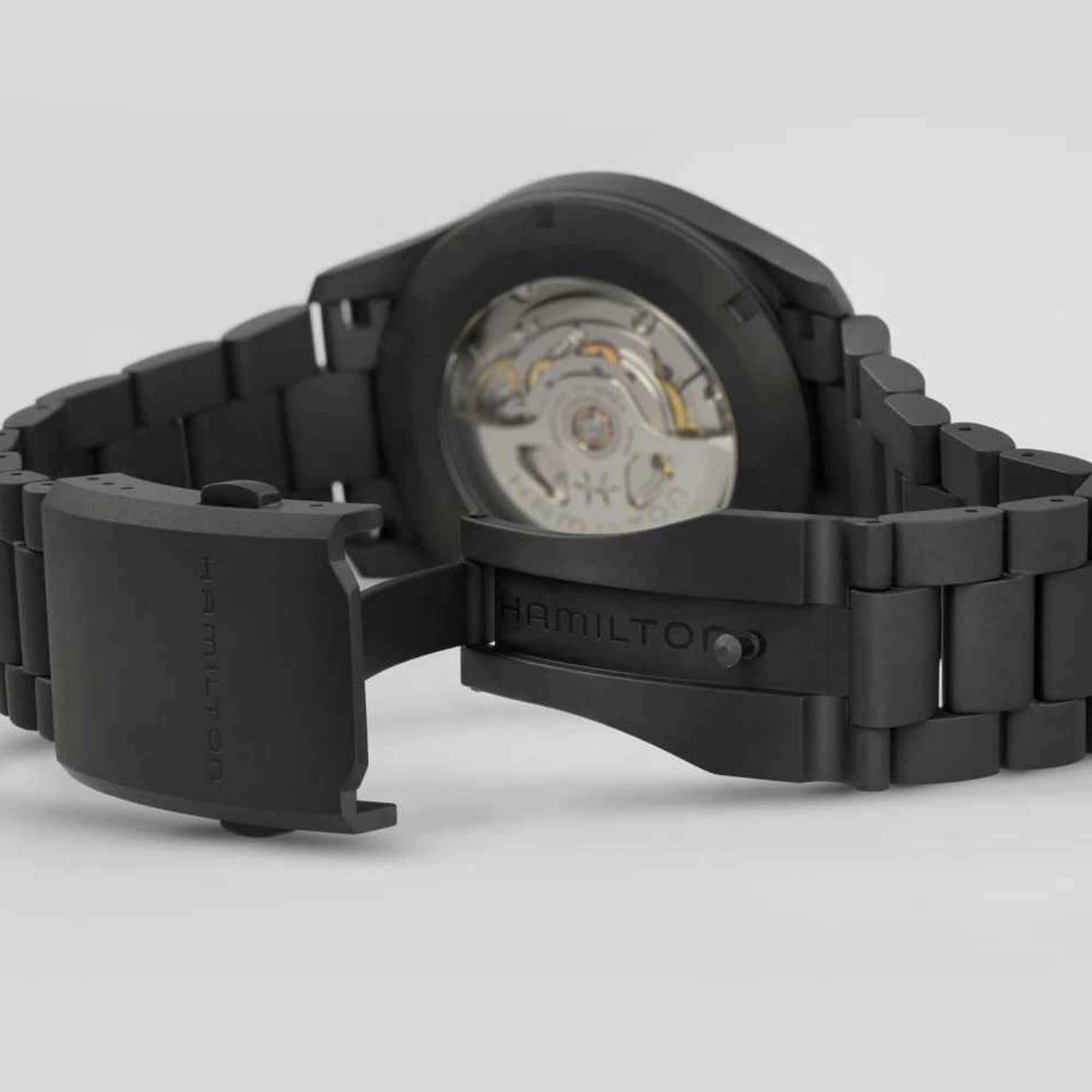 Hamilton Khaki Field H70215130 sandblasted titanium bracelet and folding clasp with exhibition case-back revealing H-10 movement