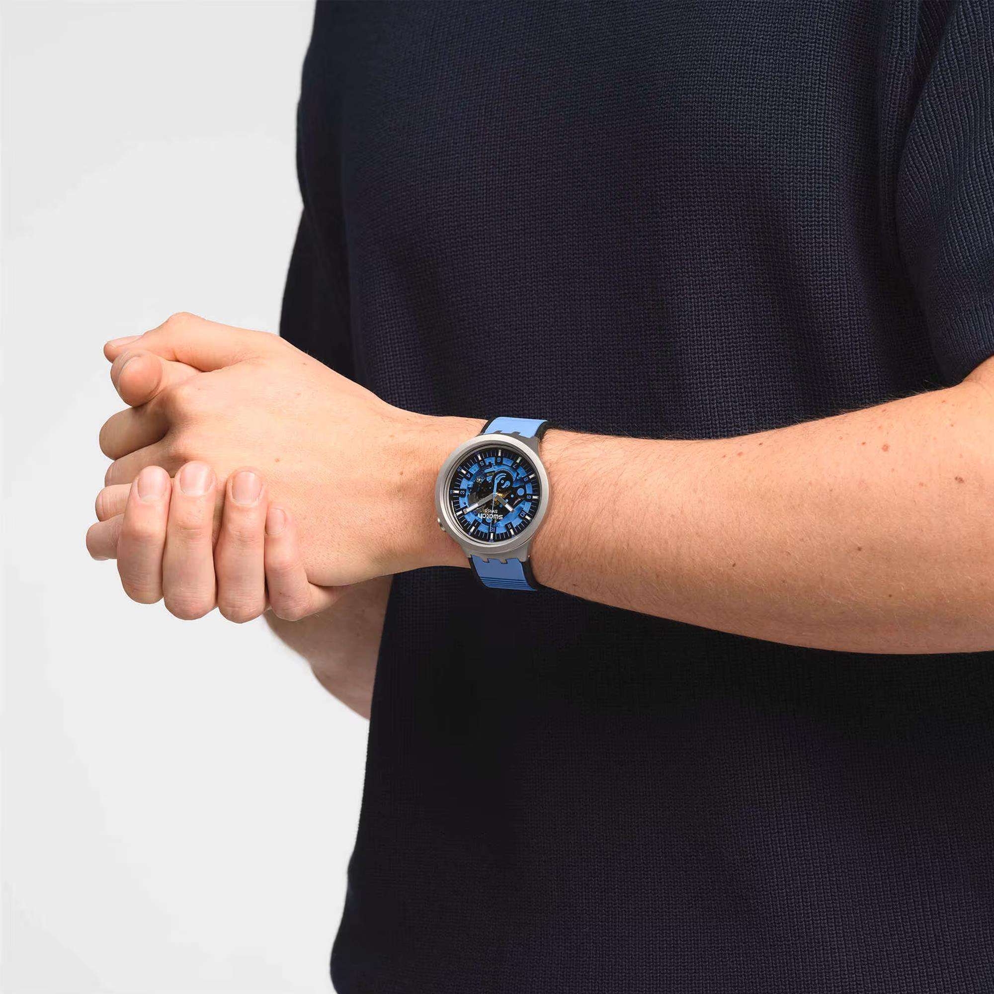 Swatch Big Bold Irony Blauer Gummiarmband Blaues Zifferblatt Quarz Uhr SB07S106