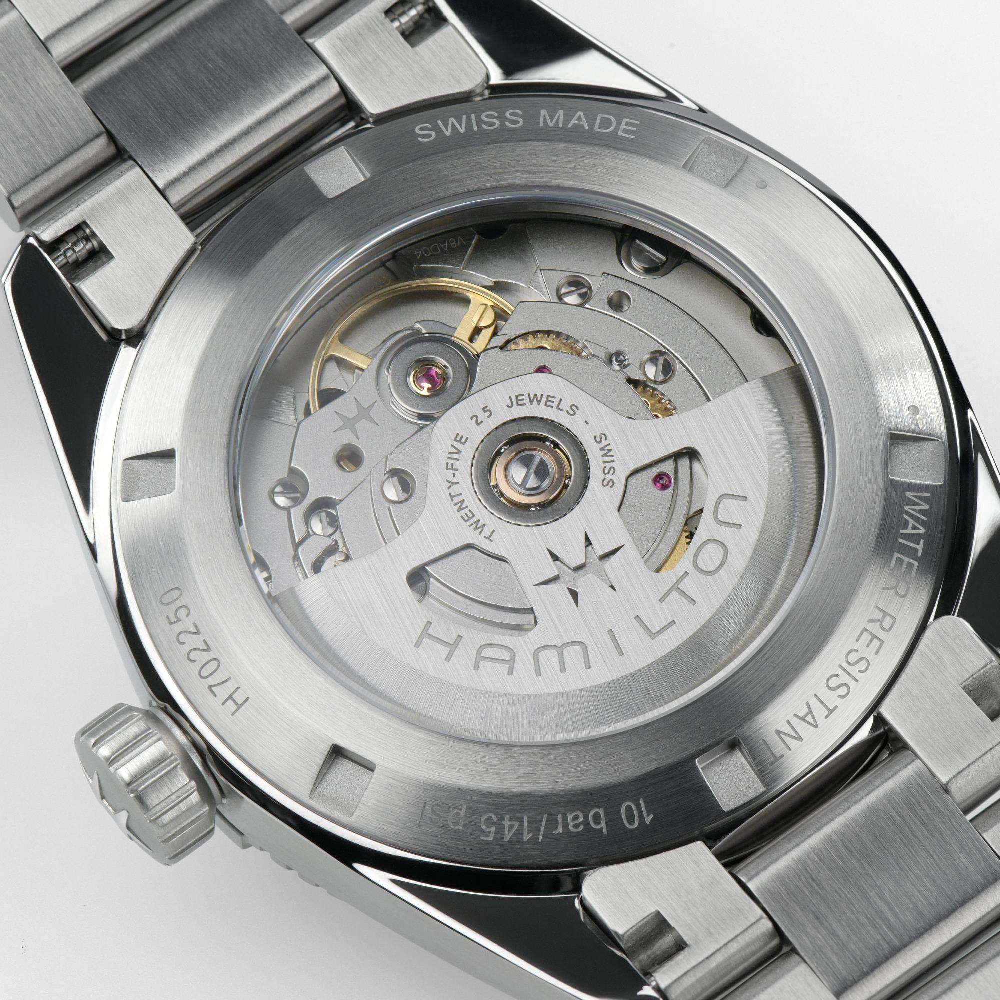 Hamilton H70225130 stainless steel bracelet and exhibition caseback detail