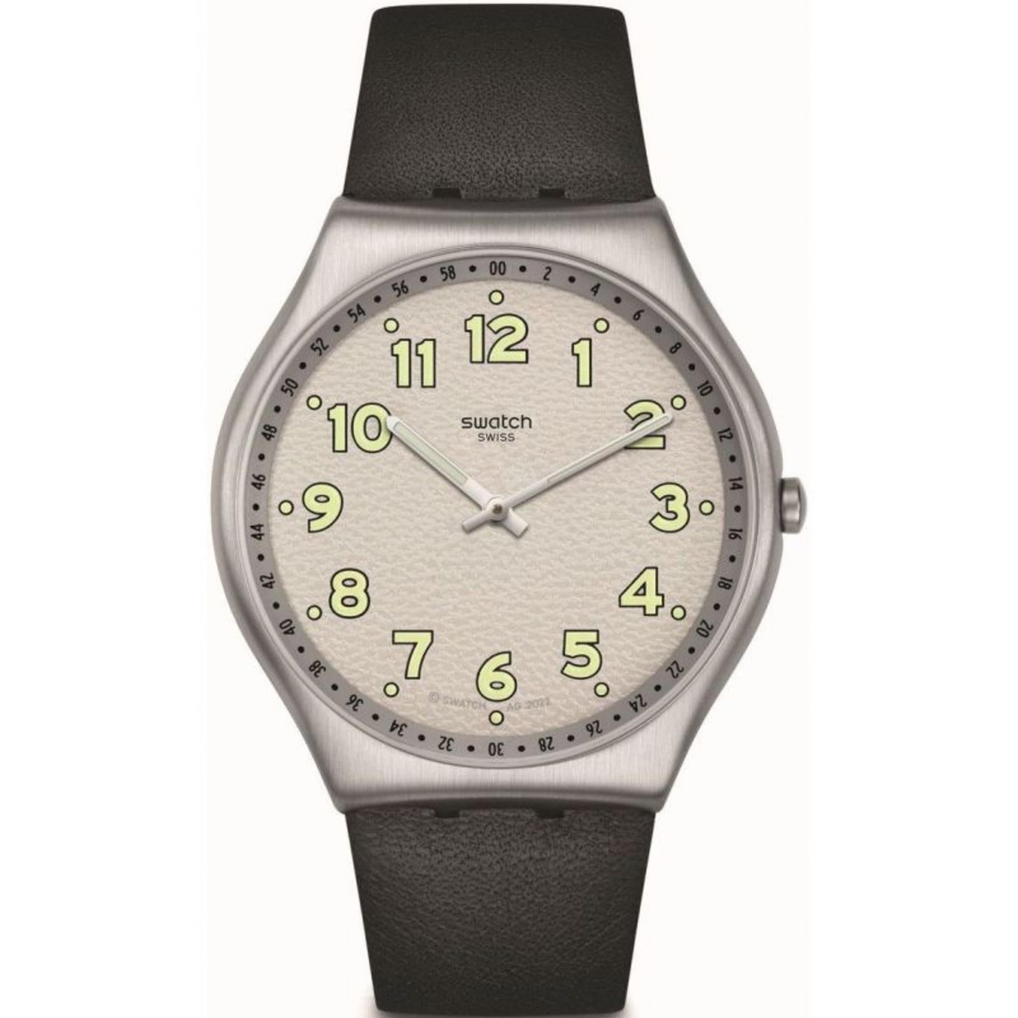 Swatch Black Hepcat Black Leather Strap White Dial Watch SS07S134