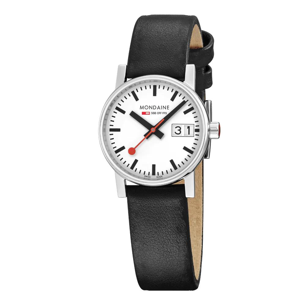 Mondaine Evo2 30mm Weißes Zifferblatt Leder Damen Quarz Uhr MSE.30210.LBV
