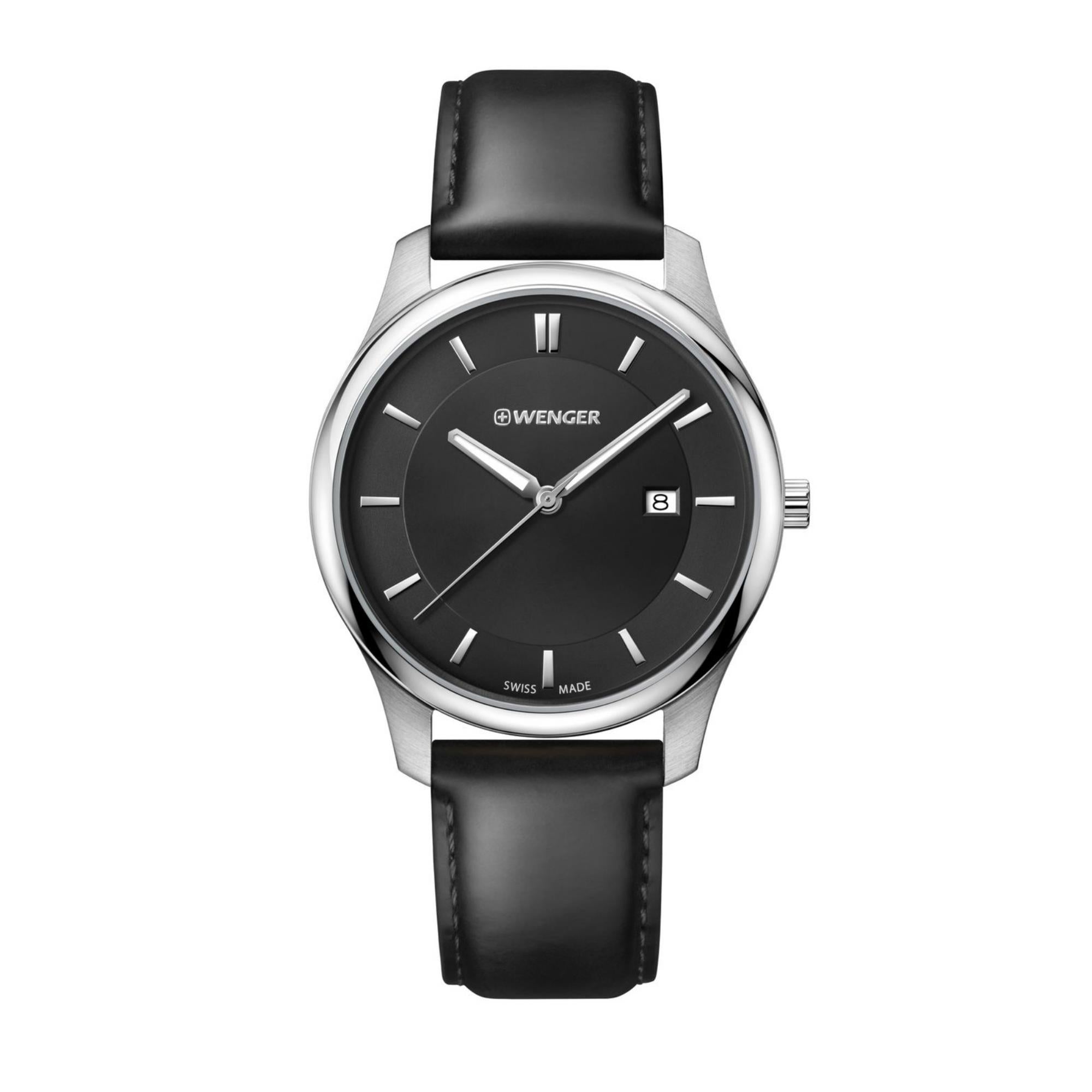 Wenger City Classic Schwarzes Zifferblatt Schwarzes Lederarmband Herrenuhr 01.1441.101