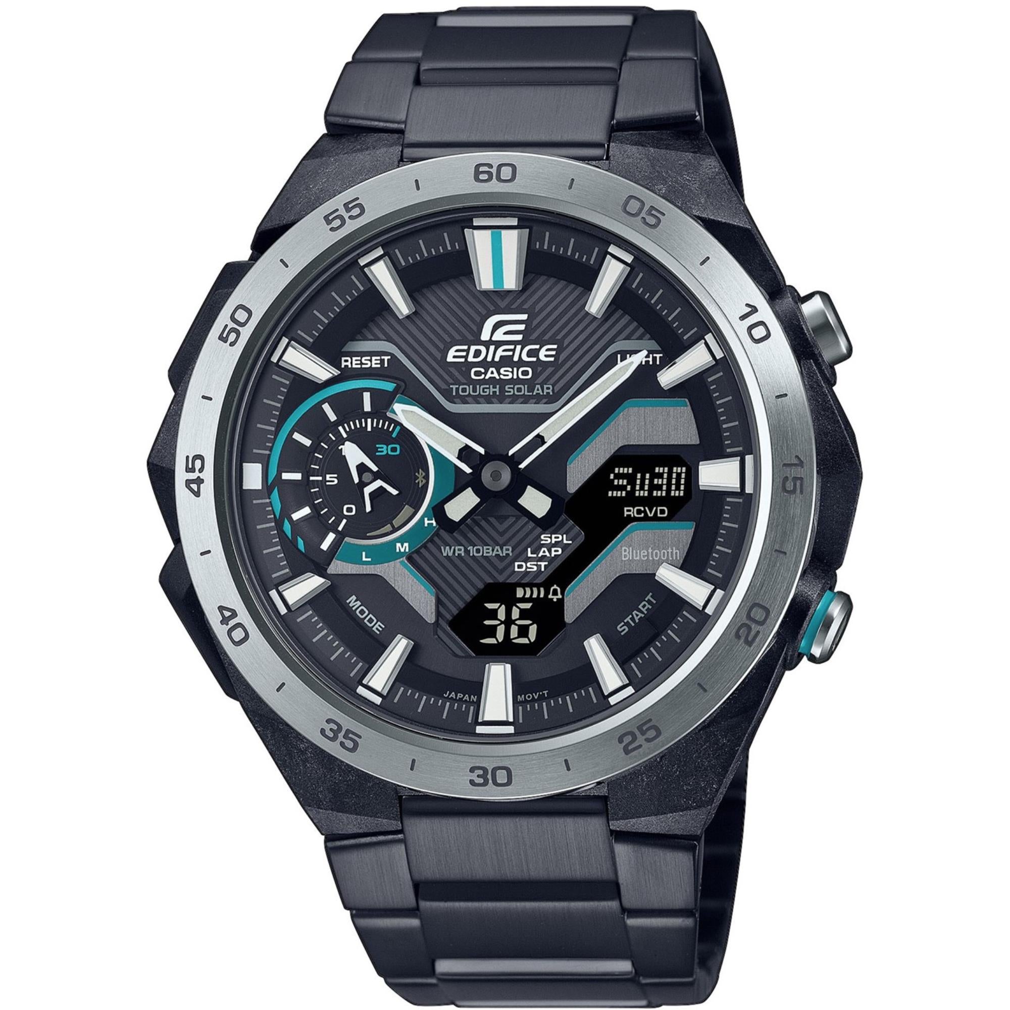 Casio Edifice Windflow Solar Quarz Schwarzes Zifferblatt Schwarzes IP Edelstahlarmband Herren Uhr ECB-2200DD-1A