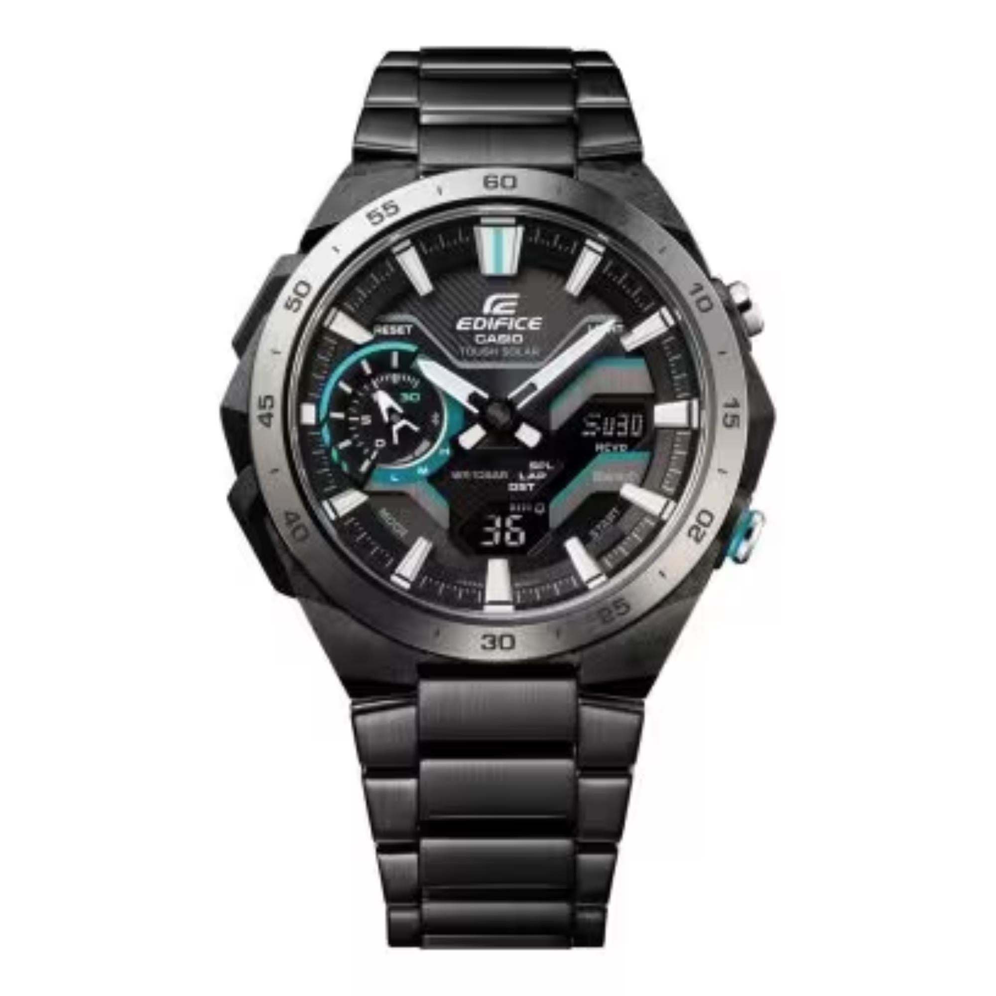Casio Edifice Windflow Solar Quarz Schwarzes Zifferblatt Schwarzes IP Edelstahlarmband Herren Uhr ECB-2200DD-1A
