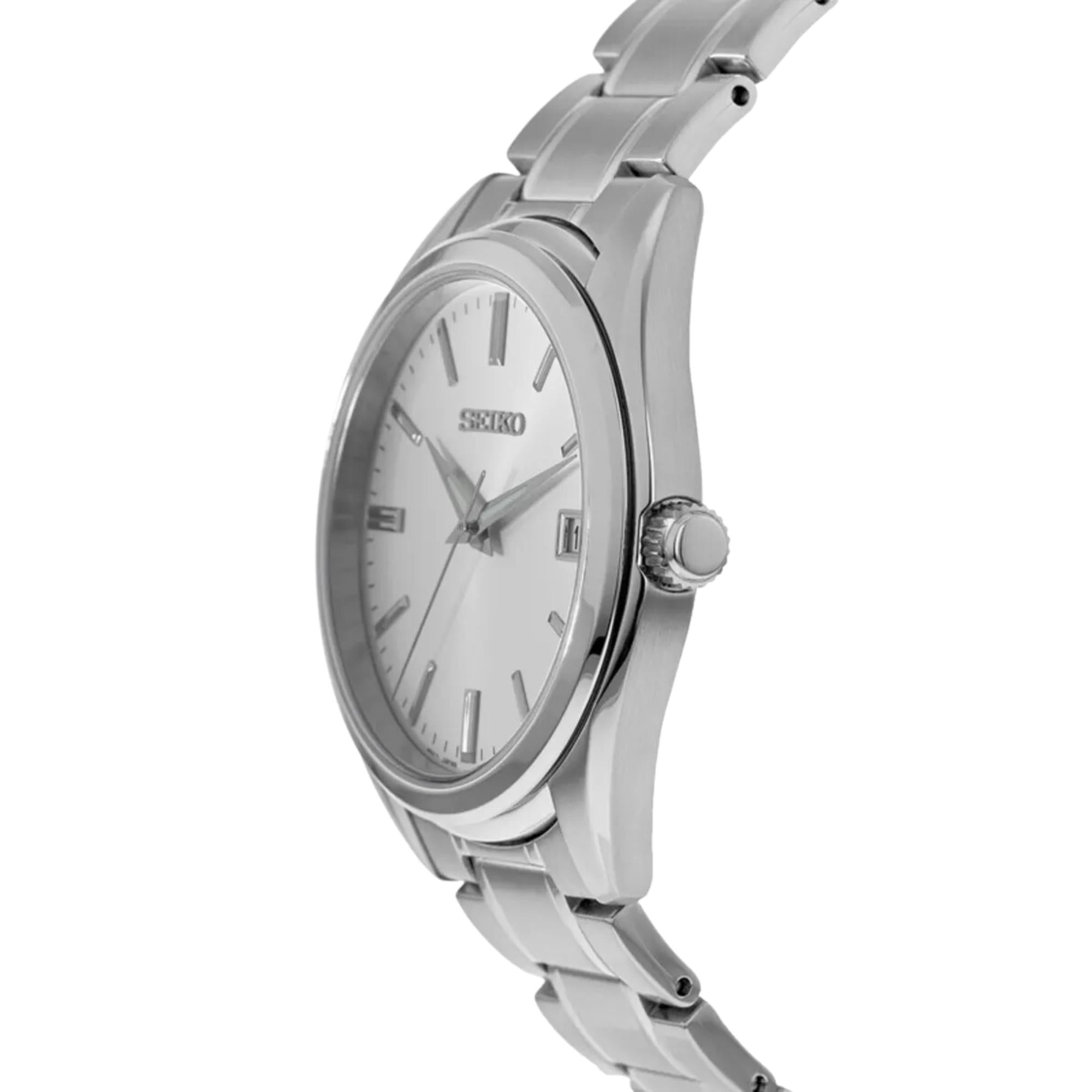 Side profile of Seiko SUR307P1 quartz watch showing crown and case design