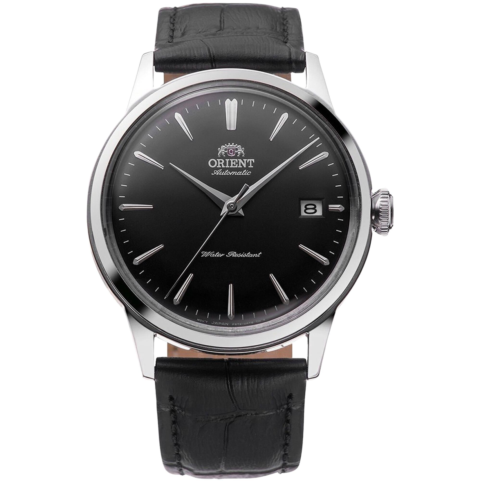 Orient Bambino 38mm Automatic black dial leather watch RA-AC0M02B10B front view