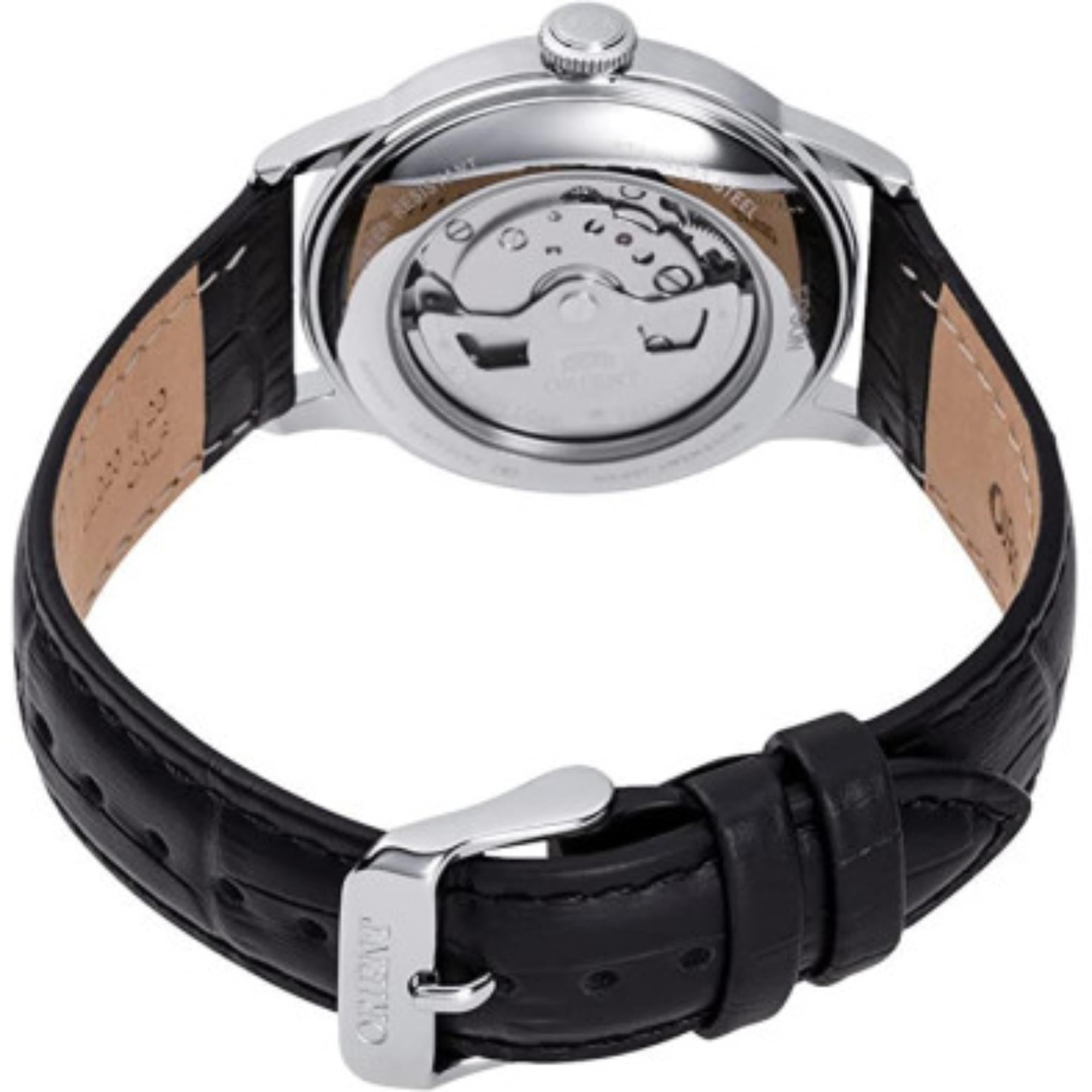 Orient Bambino RA-AC0M02B10B black leather strap and signed buckle detail
