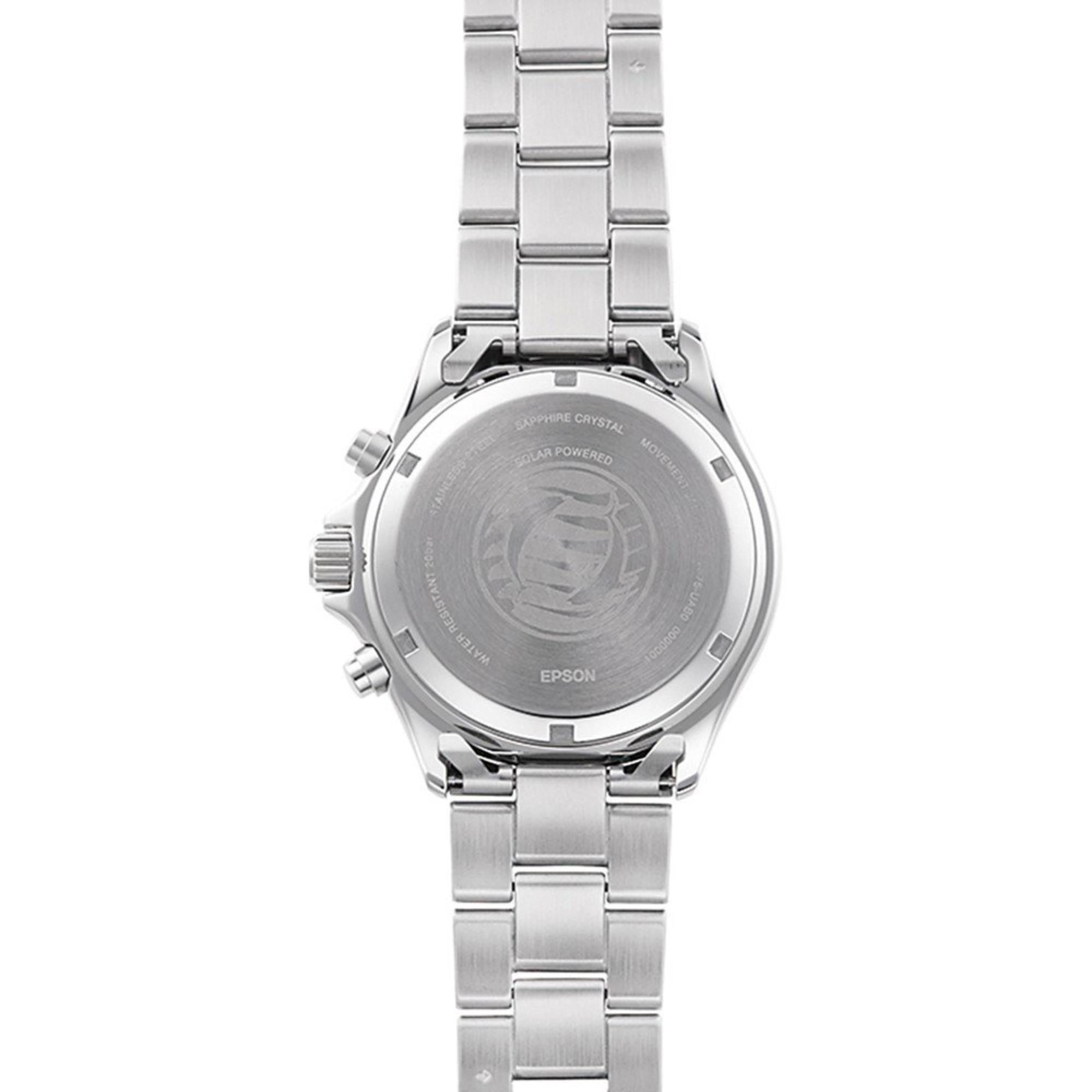Orient Mako RA-TX0201L10B case back view with stainless steel bracelet.