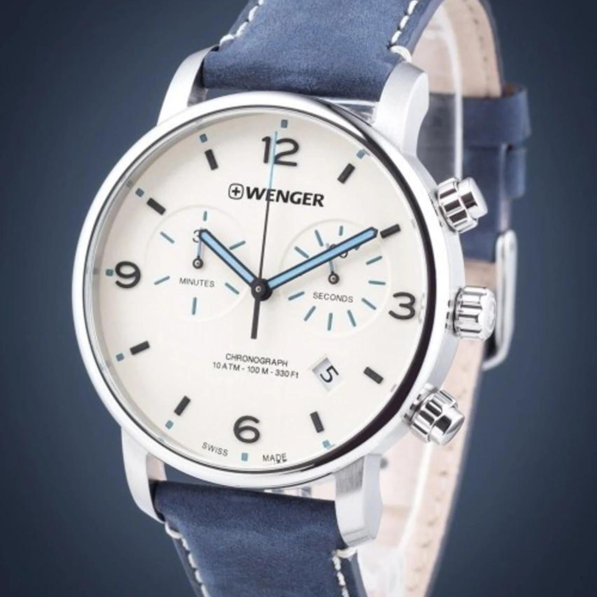 Wenger Urban Metropolitan Chronograph Quartz Cream Dial Blue Leather Strap Men's Watch 01.1743.119