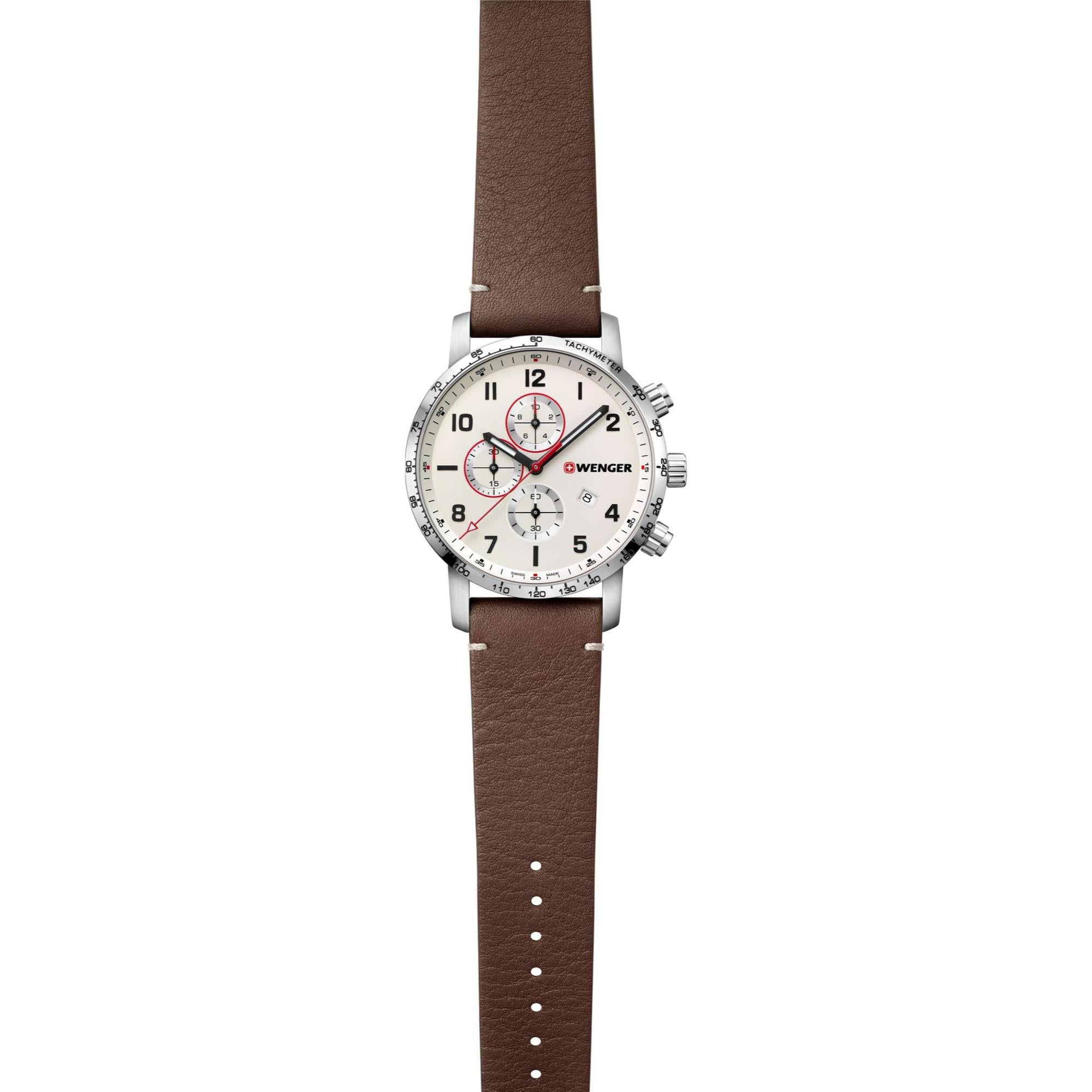 Wenger Attitude Quarz Creme Zifferblatt Braunes Lederarmband Chronograph Herren Uhr 01.1543.113