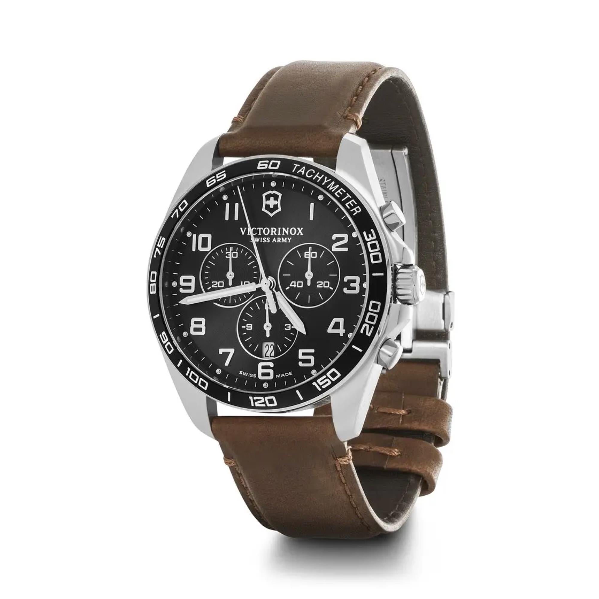 Victorinox FieldForce 42mm Chronograph Black Dial Leather Mens Watch 241928