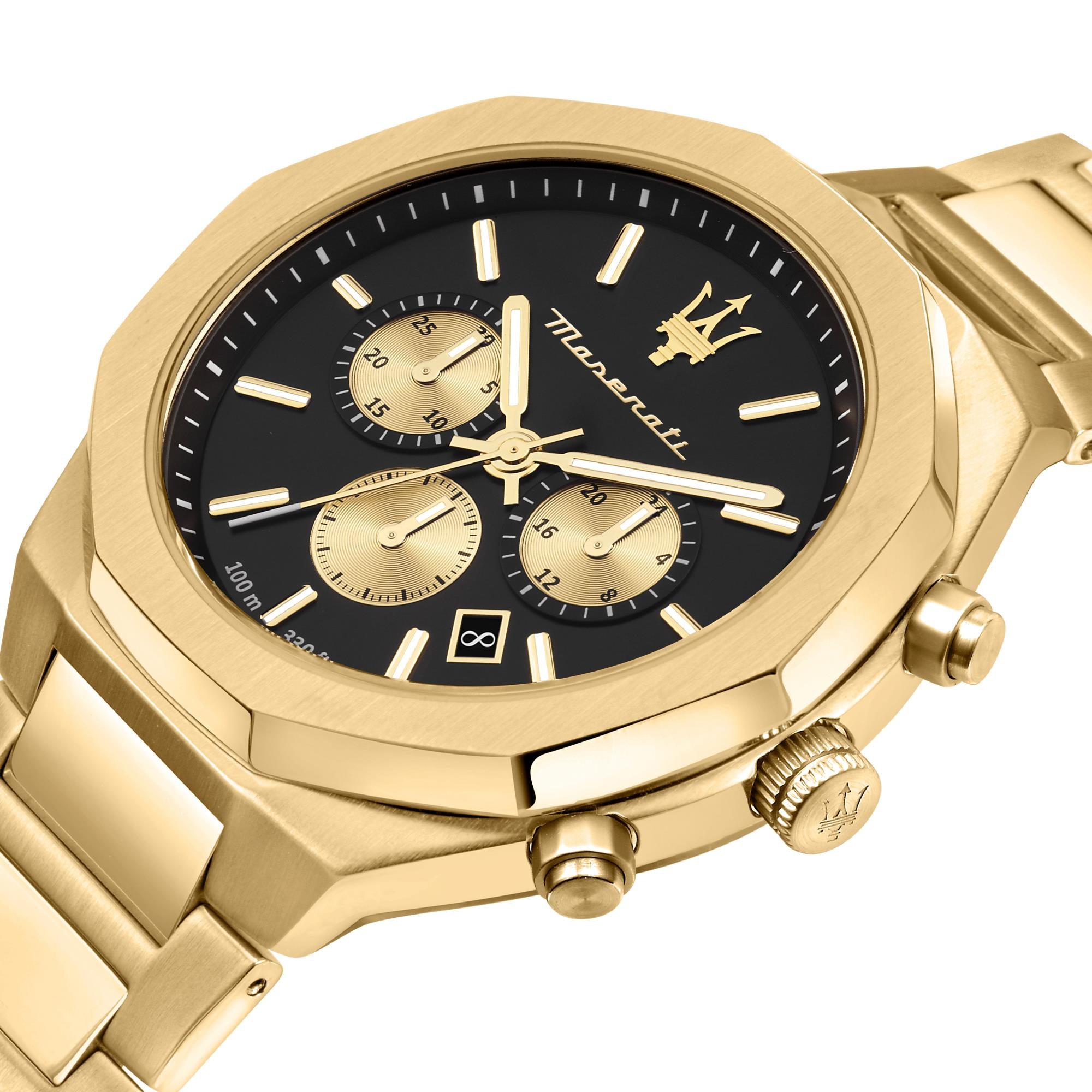Maserati Stile Quartz Black Chronograph Dial Gold PVD Steel Bracelet Men's Watch R8873642001