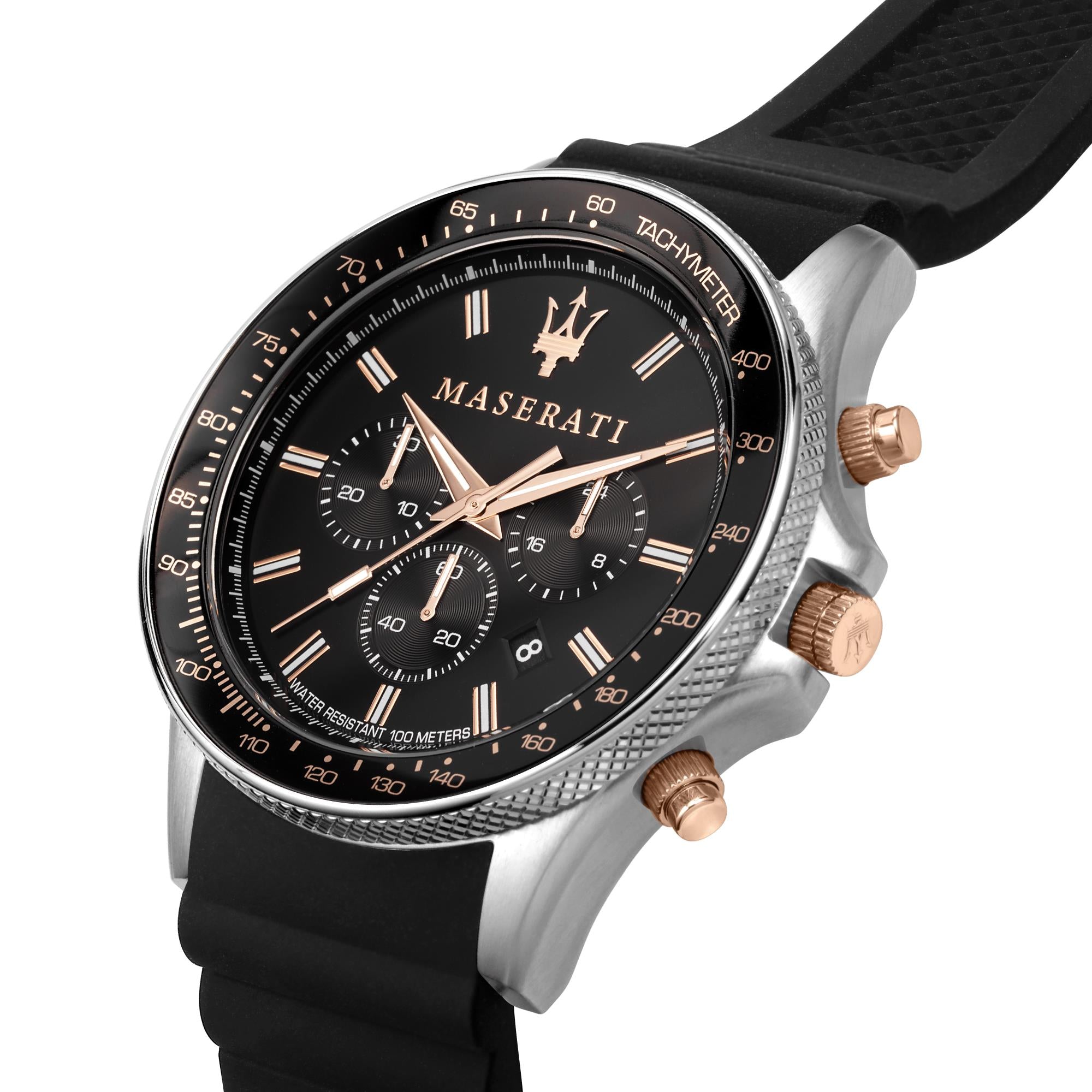 Maserati Sfidia Quarz Schwarz Chronograph Zifferblatt Schwarz Silikonarmband Herren Uhr R8871640002