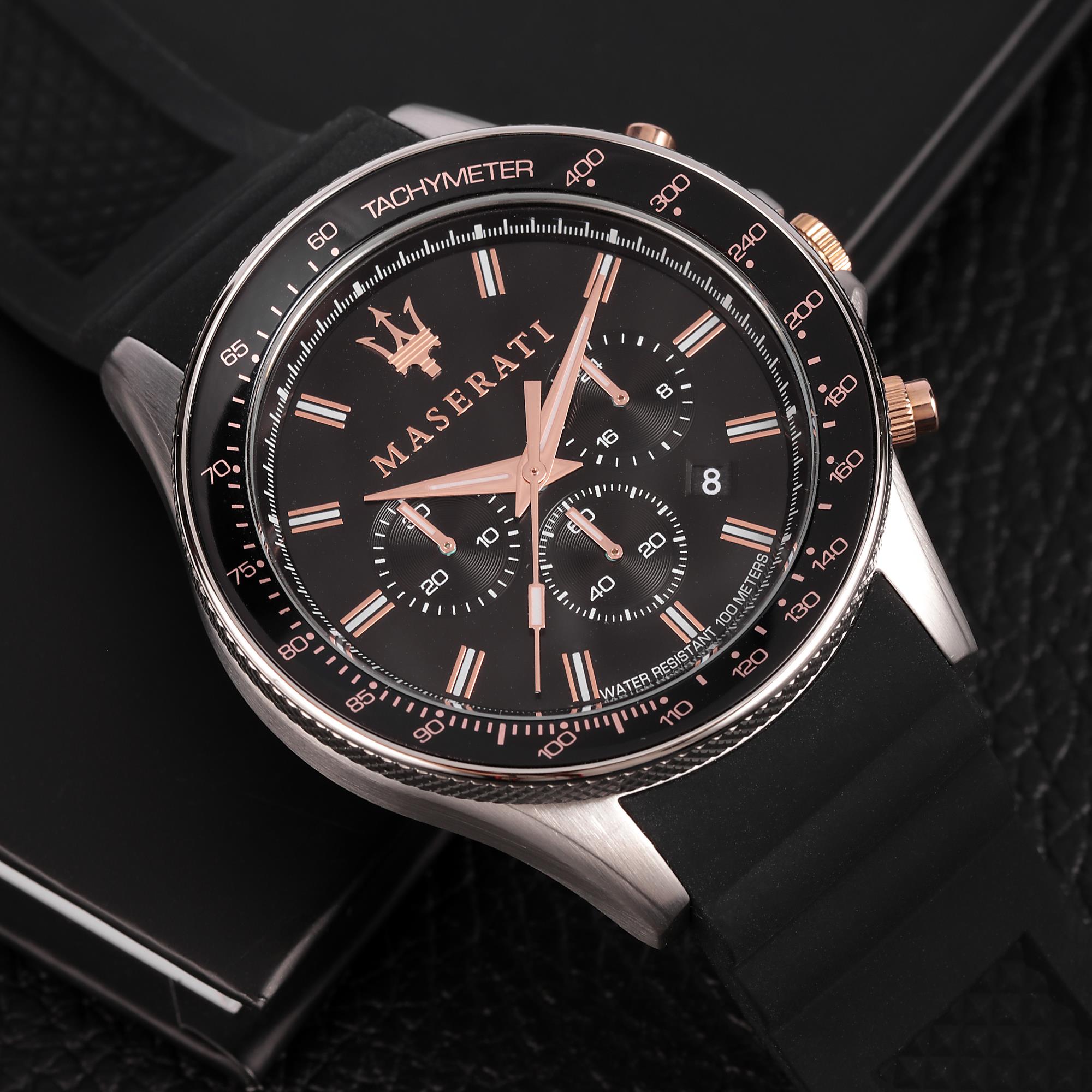 Maserati Sfidia Quarz Schwarz Chronograph Zifferblatt Schwarz Silikonarmband Herren Uhr R8871640002