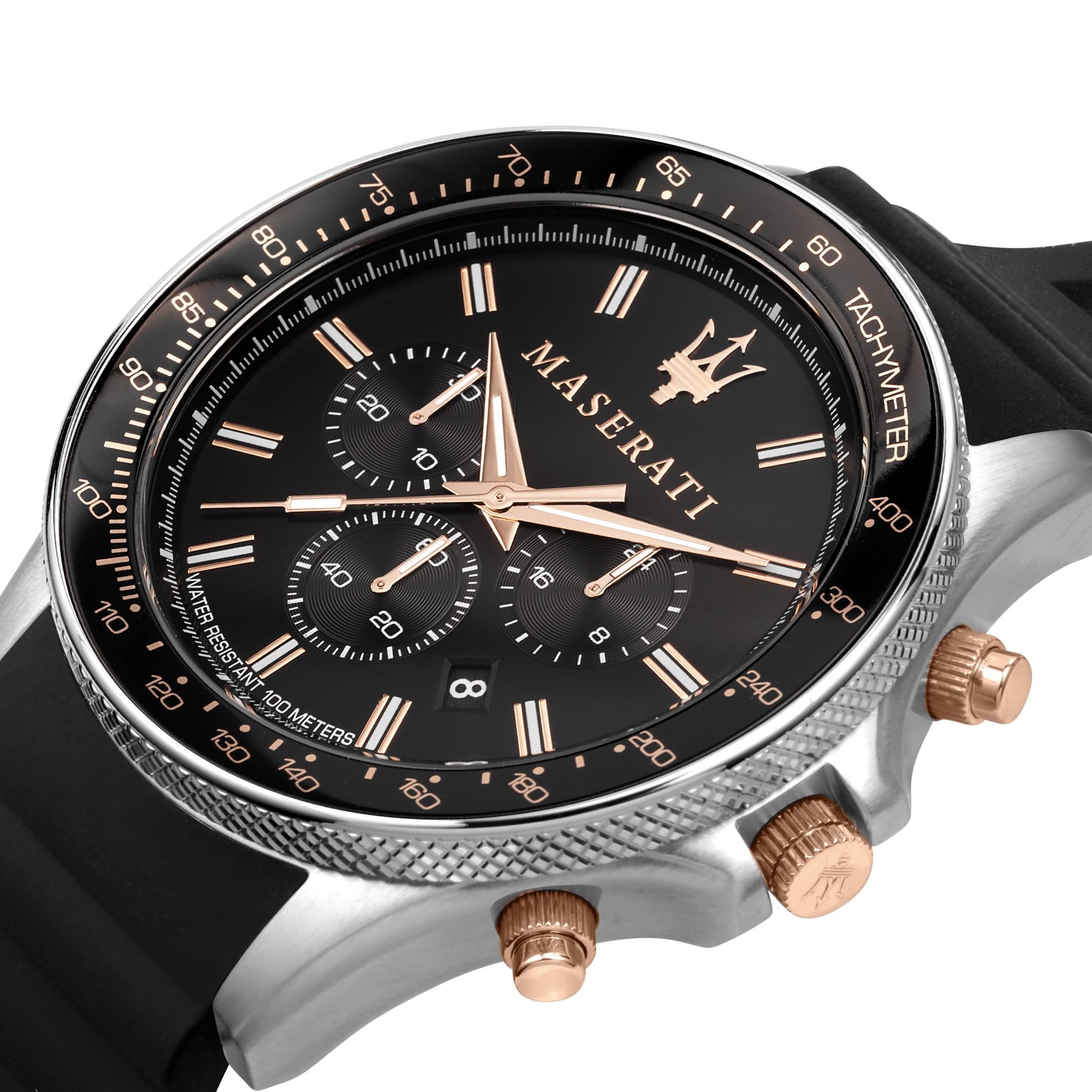 Maserati Sfidia Quarz Schwarz Chronograph Zifferblatt Schwarz Silikonarmband Herren Uhr R8871640002