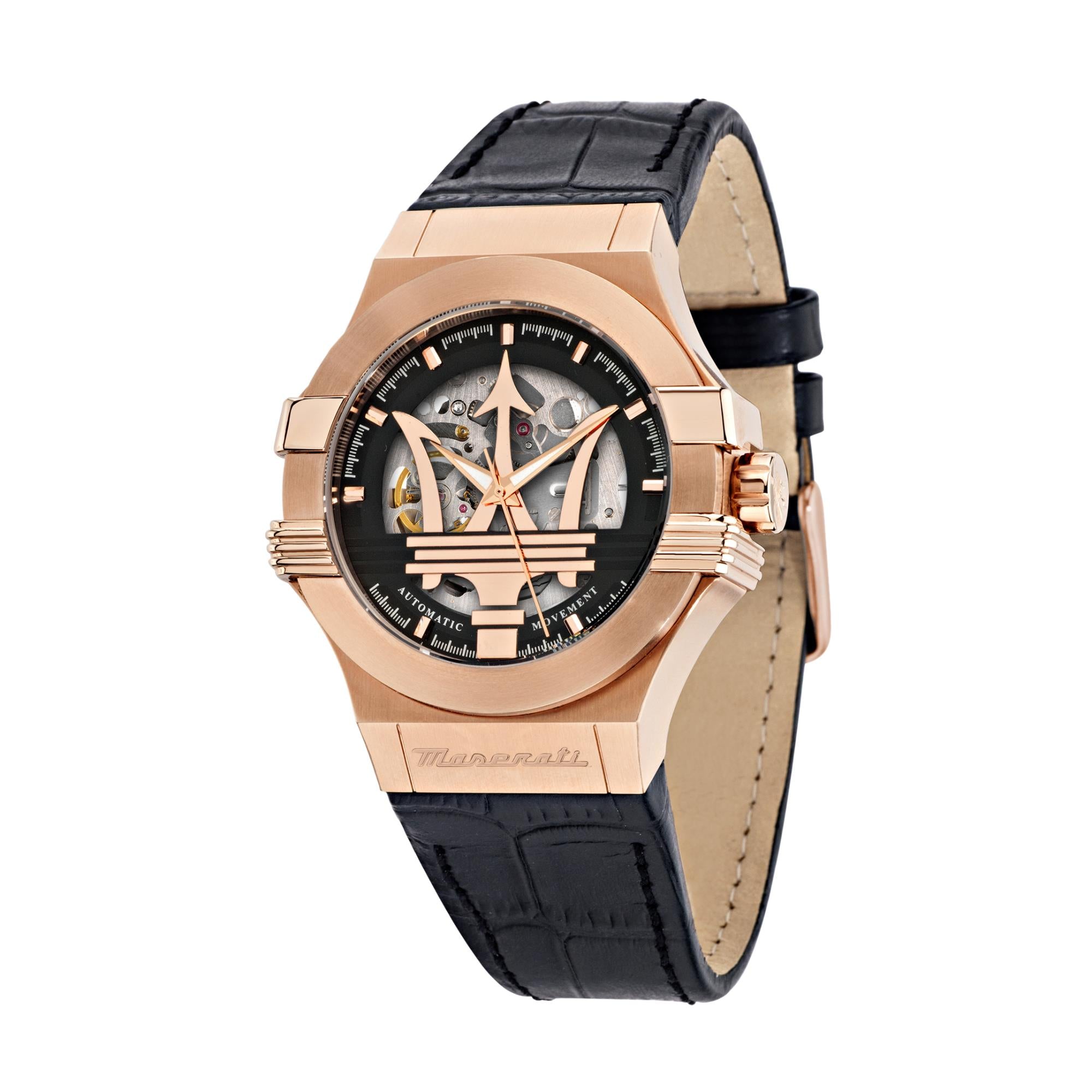 Maserati Potenza Quarz Skelett Zifferblatt Schwarz Lederarmband Herren Uhr R8821108039