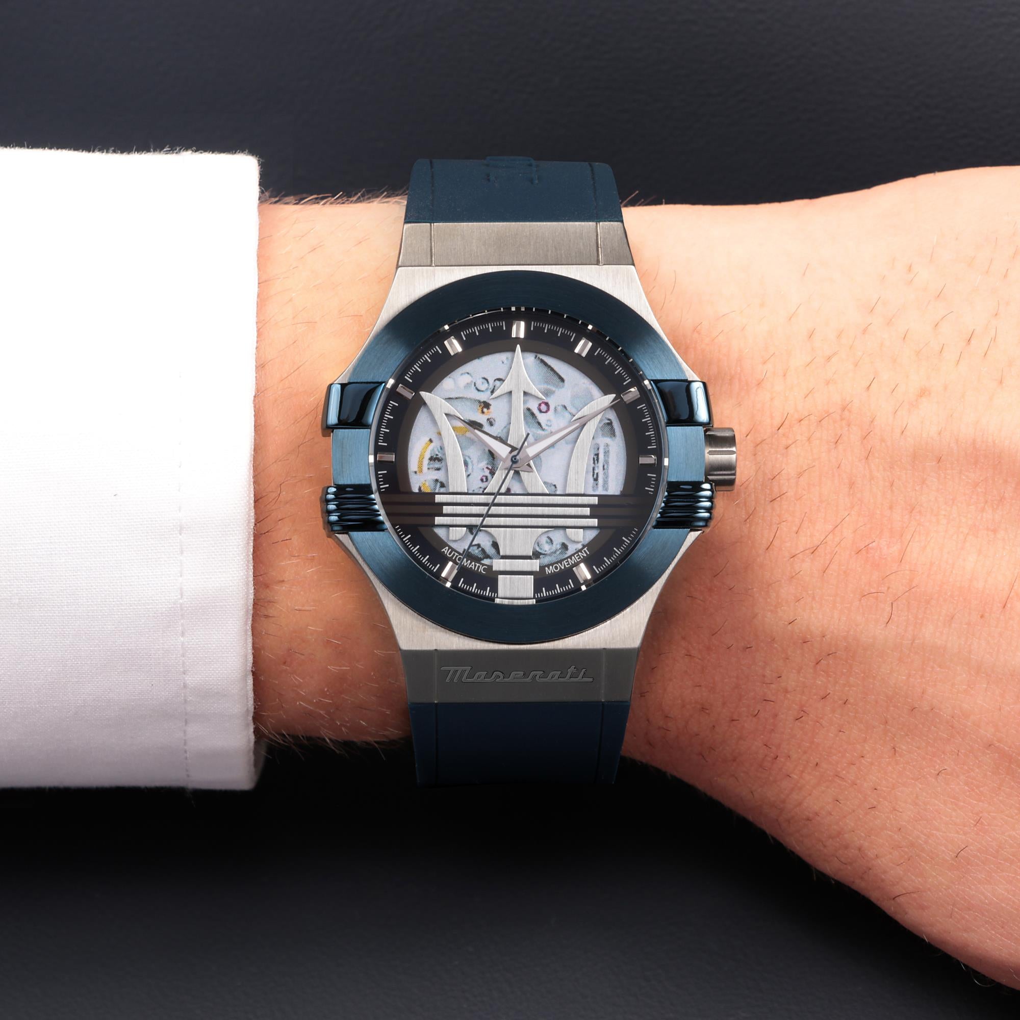 Maserati Potenza Quarz Skelett Zifferblatt Blau Silikonarmband Herren Uhr R8821108035