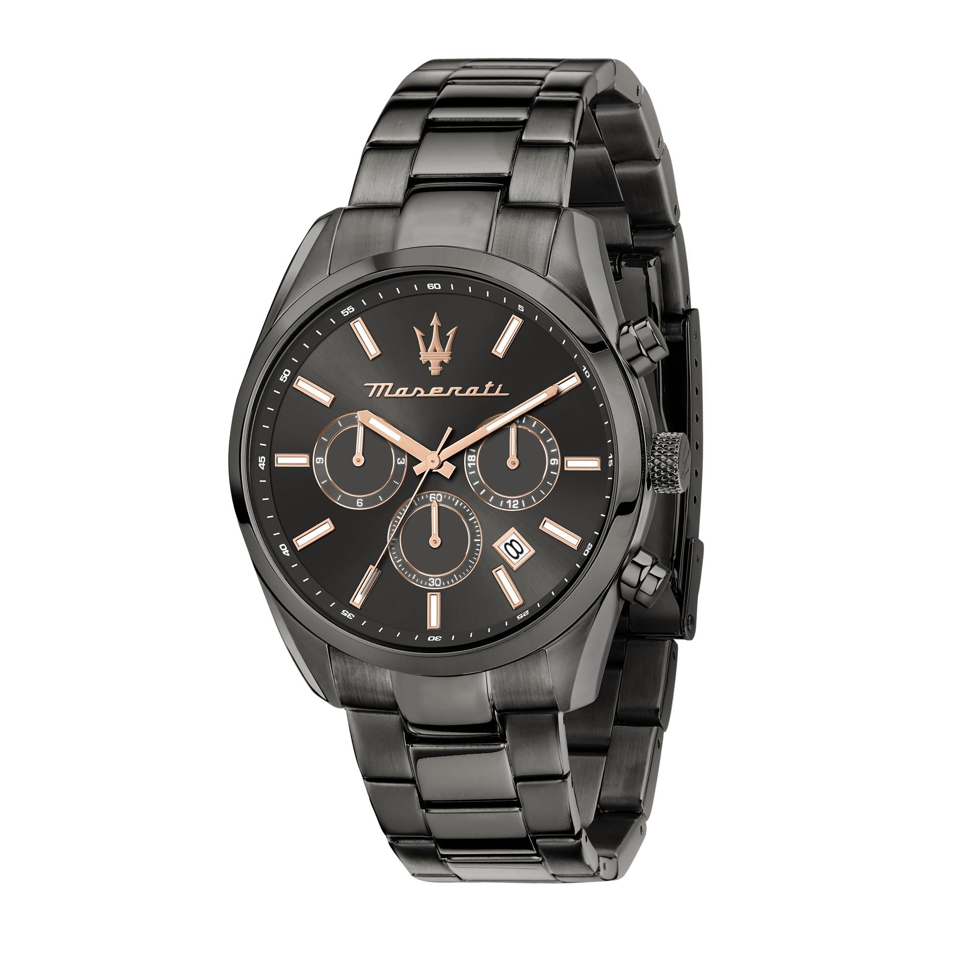 Maserati Attrazione Quarz Schwarzes Chronograph Zifferblatt Schwarzes PVD Stahlarmband Herren Uhr R8853151001